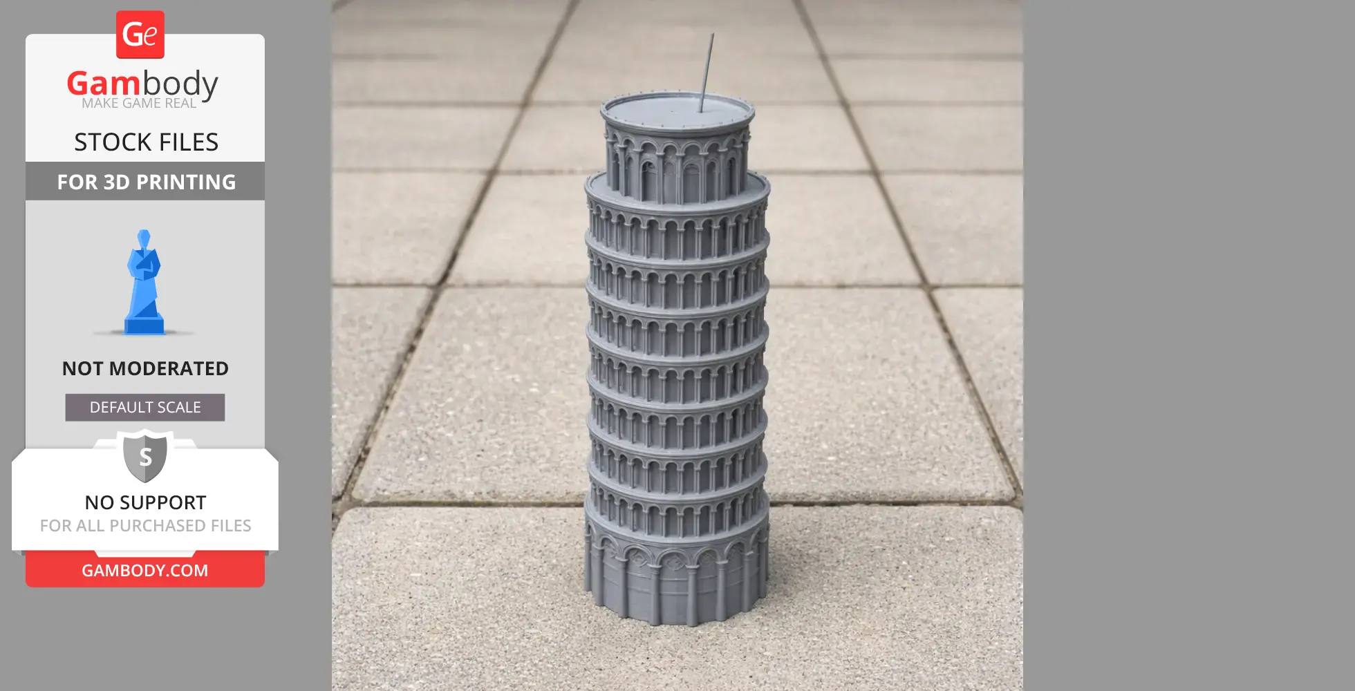 3D printable model of the Leaning Tower of Pisa, shown on a tiled surface, ready for printing.
