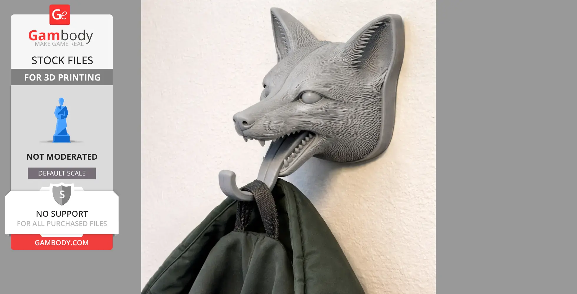 3D-printed fox head wall hook holding a coat.