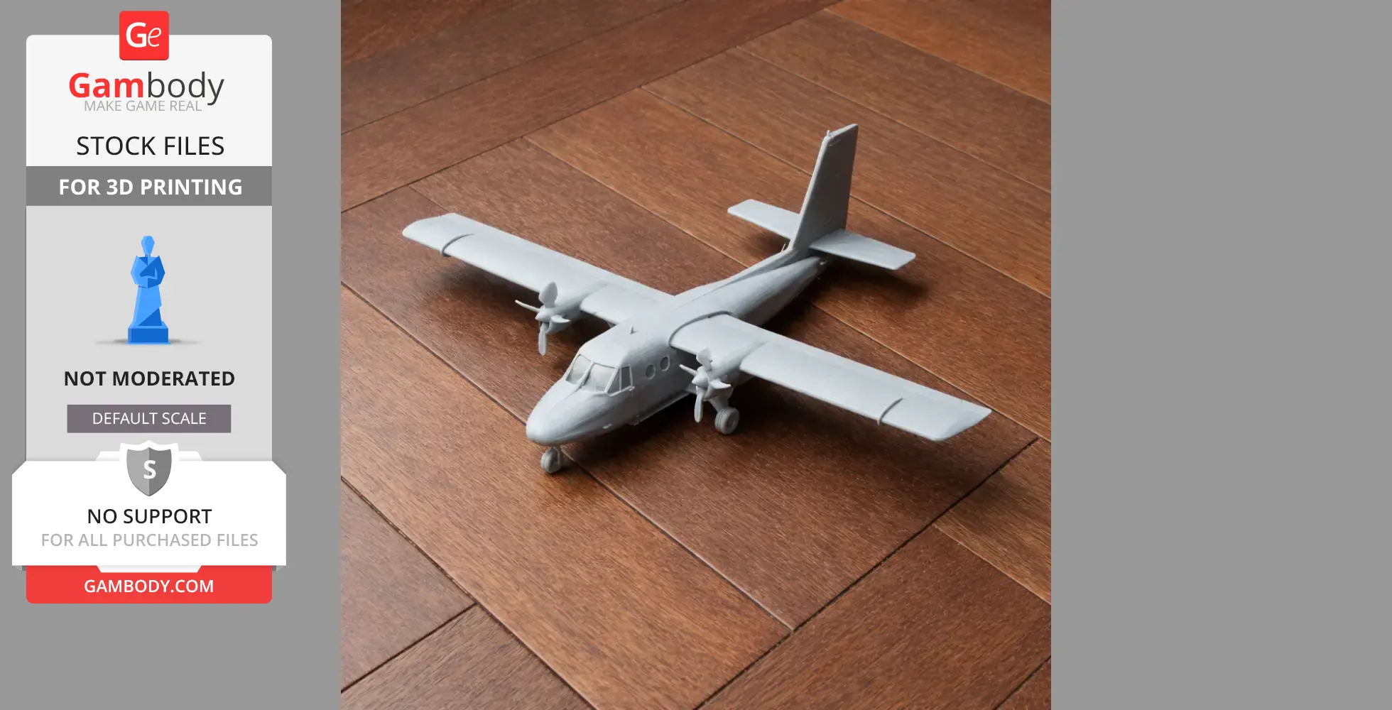 A 3D-printed DHC-6 Twin Otter plane model on a wooden floor.