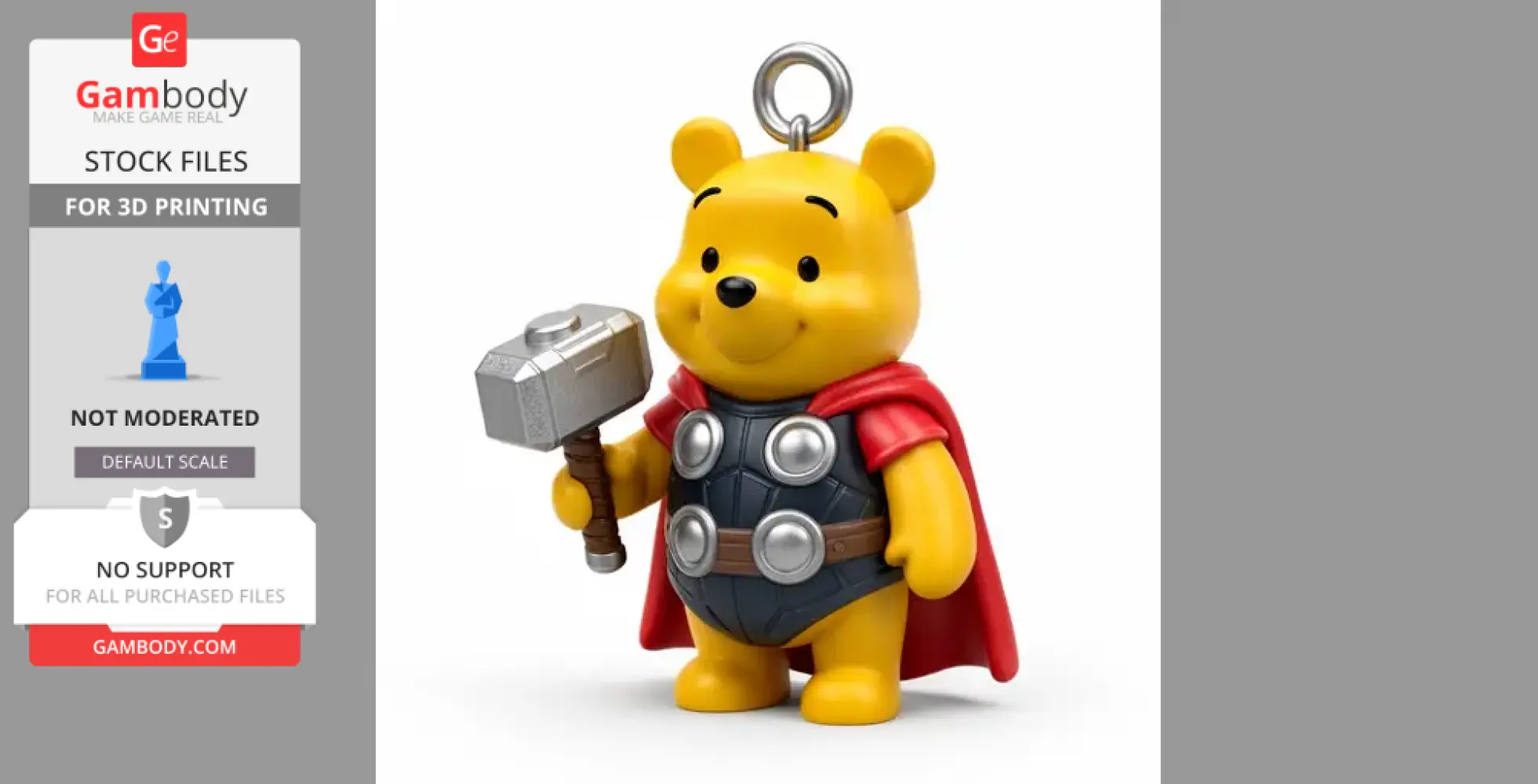 A 3D figure of a bear dressed as Thor with a hammer, red cape, and keyring on its head.