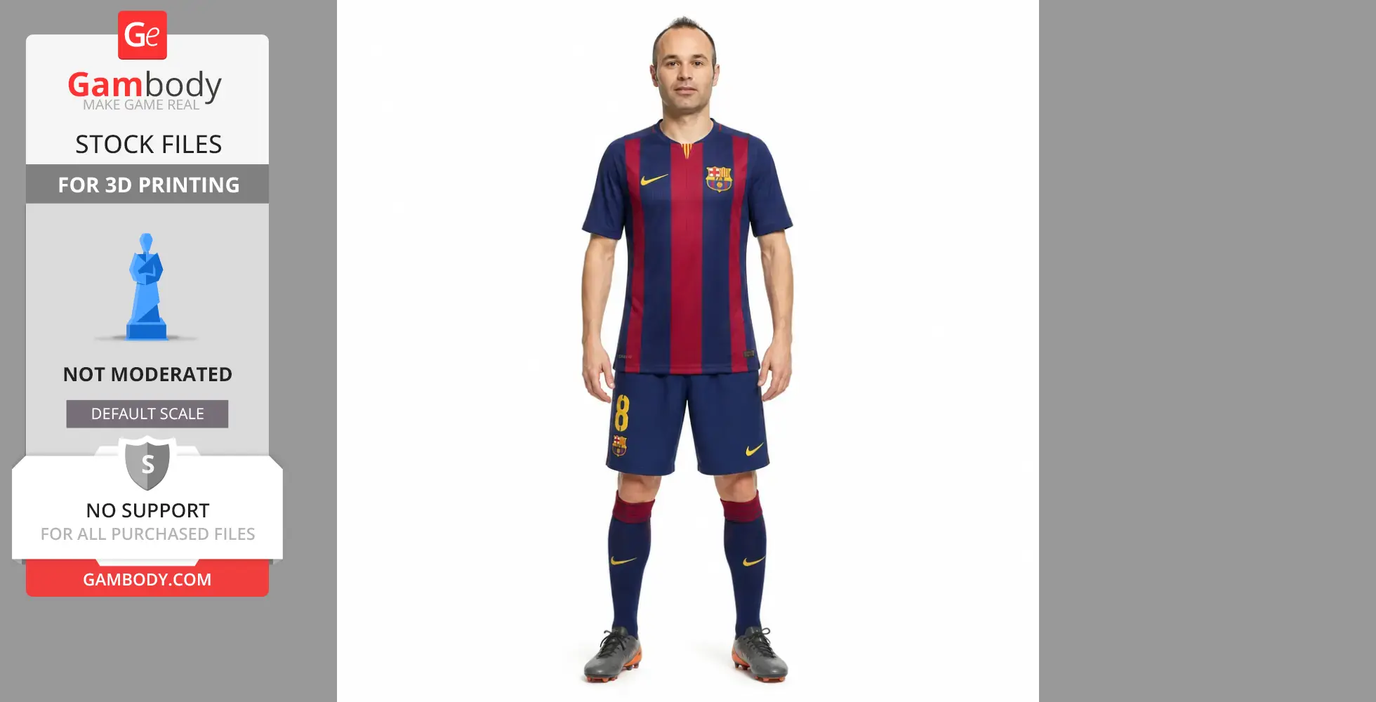 3D print model of a soccer player figurine in a red and blue striped jersey.