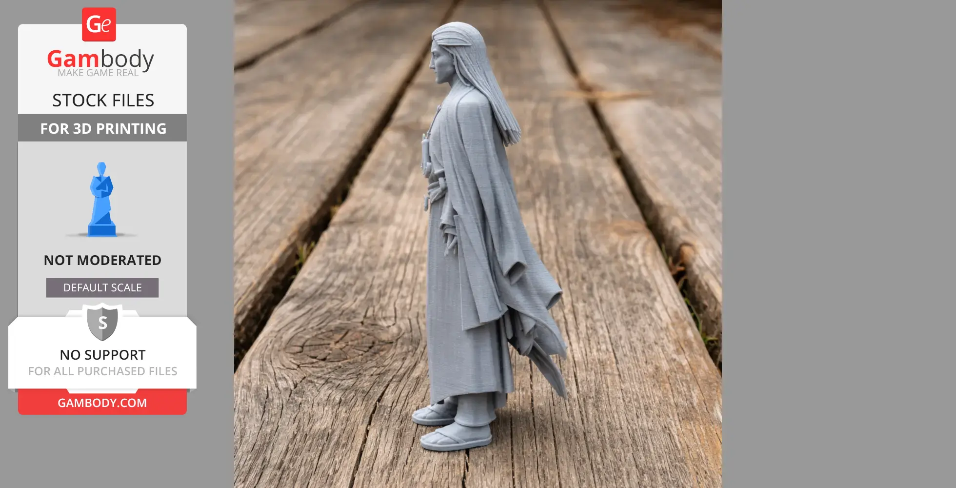 Detailed samurai 3D model in robe and sandals, standing on a wooden surface, side view.