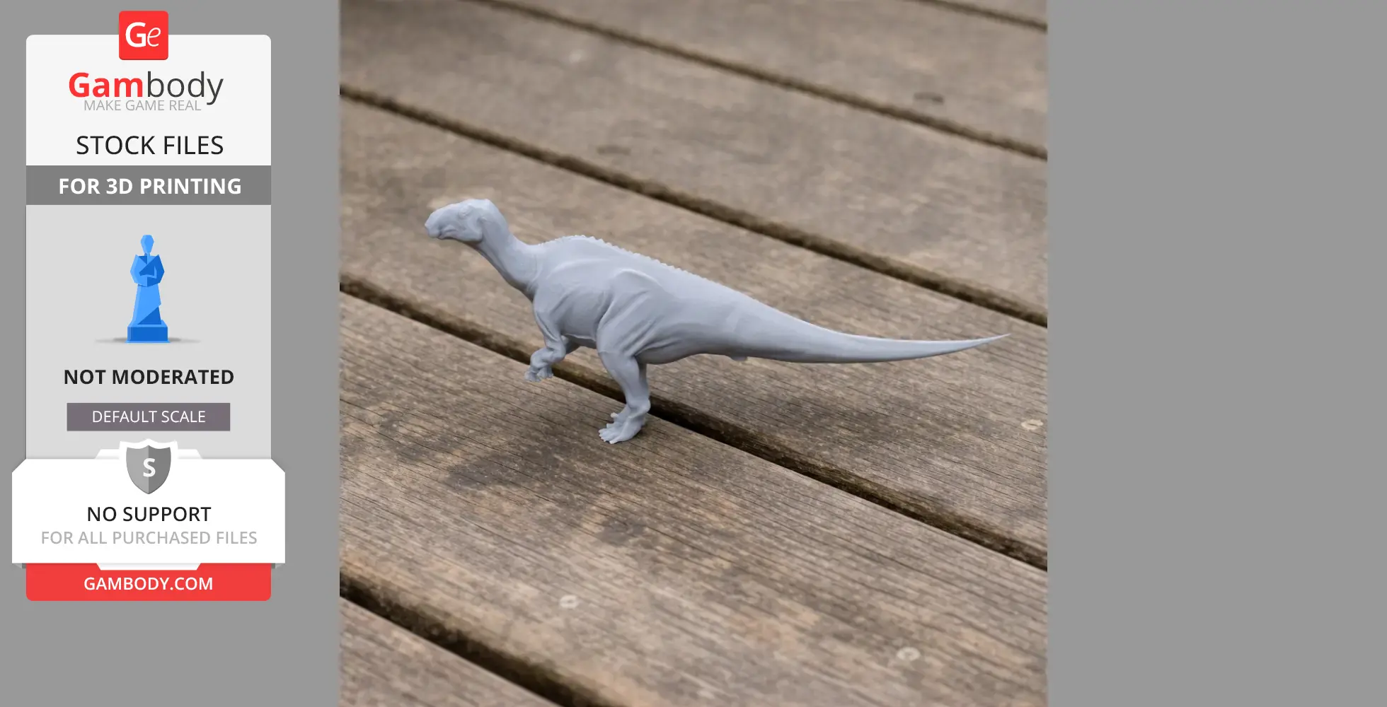 Gray 3D printed Edmontosaurus dinosaur model on wooden surface.