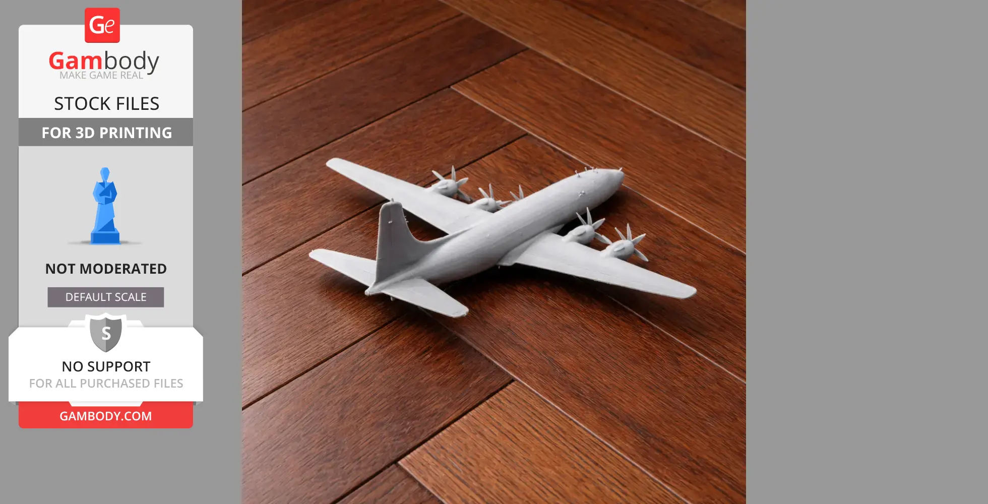 Gray 3D-printed Douglas DC-6 model plane on a hardwood floor.