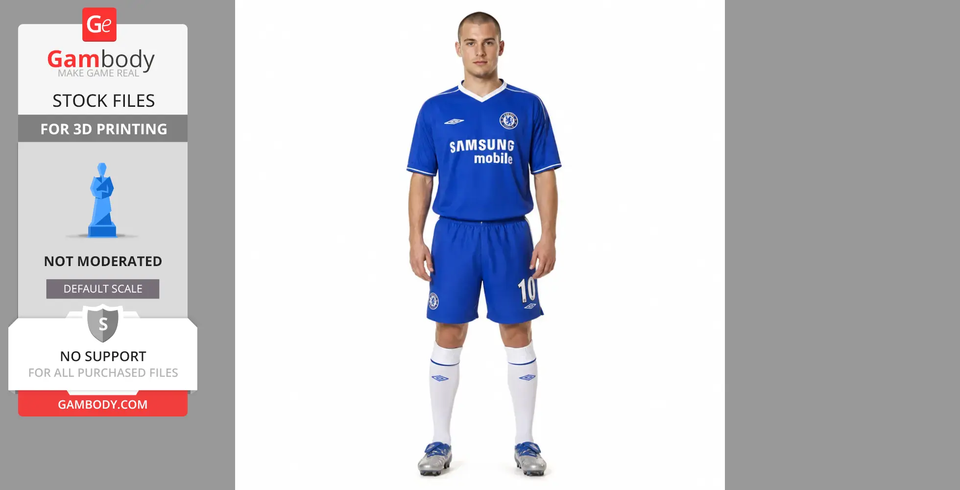 A 3D printable model of a soccer player in a blue jersey and shorts, standing upright.