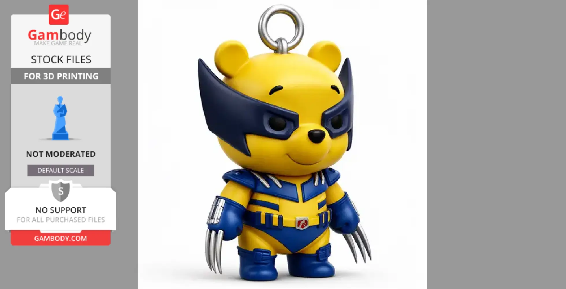 A cute figure combining Winnie the Pooh and Wolverine with claws, in blue and yellow costume, for 3D printing.