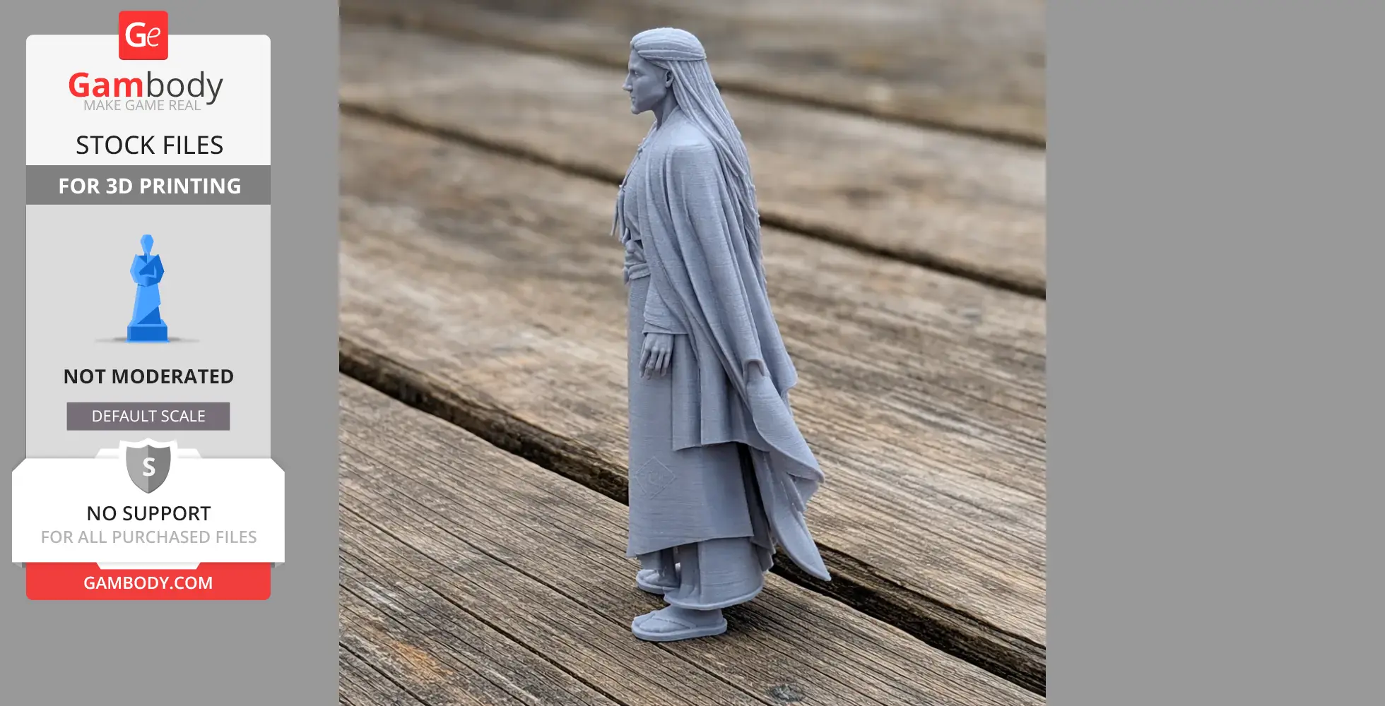 Gray 3D-printed samurai figure with intricate armor and flowing robes, standing on a wooden surface.