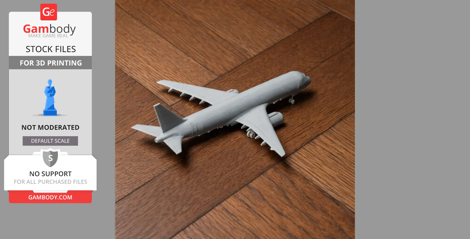 3D printed model of an Embraer E195 airplane on a wooden surface.