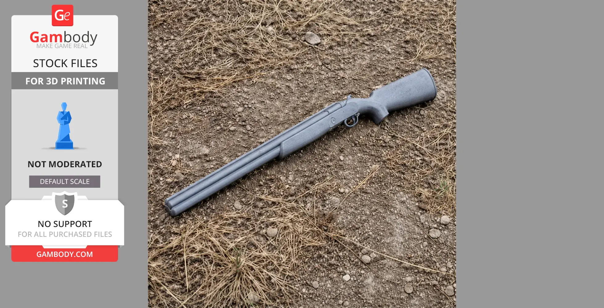 A 3D model of a Beretta 686 Silver Pigeon shotgun on dirt with dry grass.