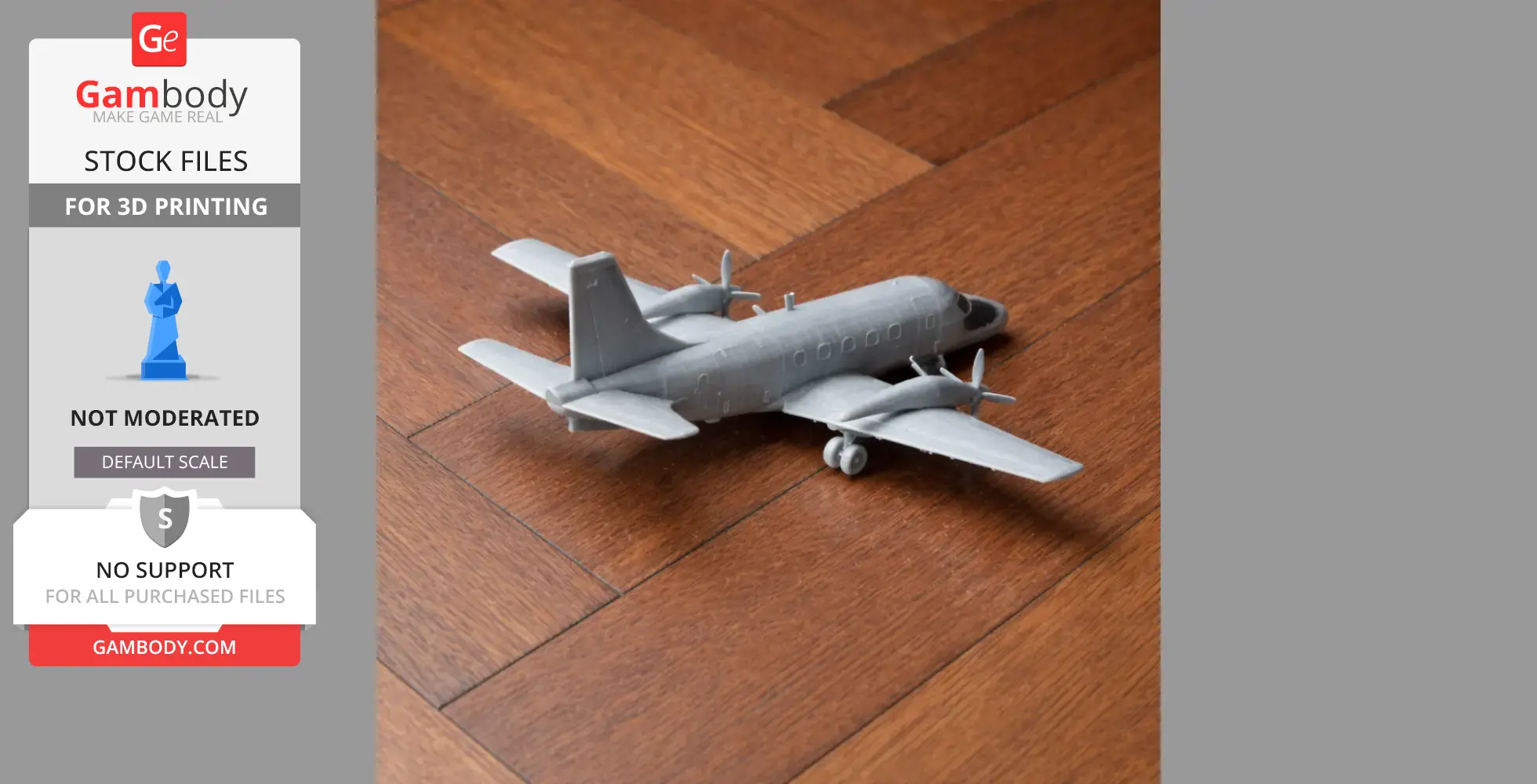 Model of an Embraer EMB 110 3D-printed plane on wooden floor.