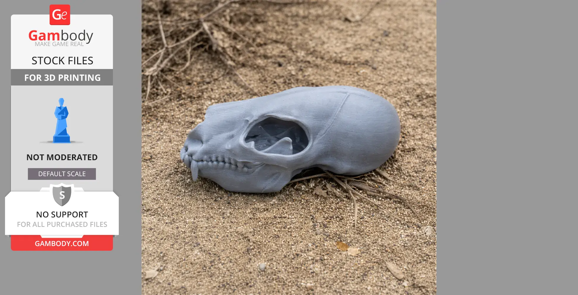 A 3D-printed gray bear skull model lying on sandy ground.