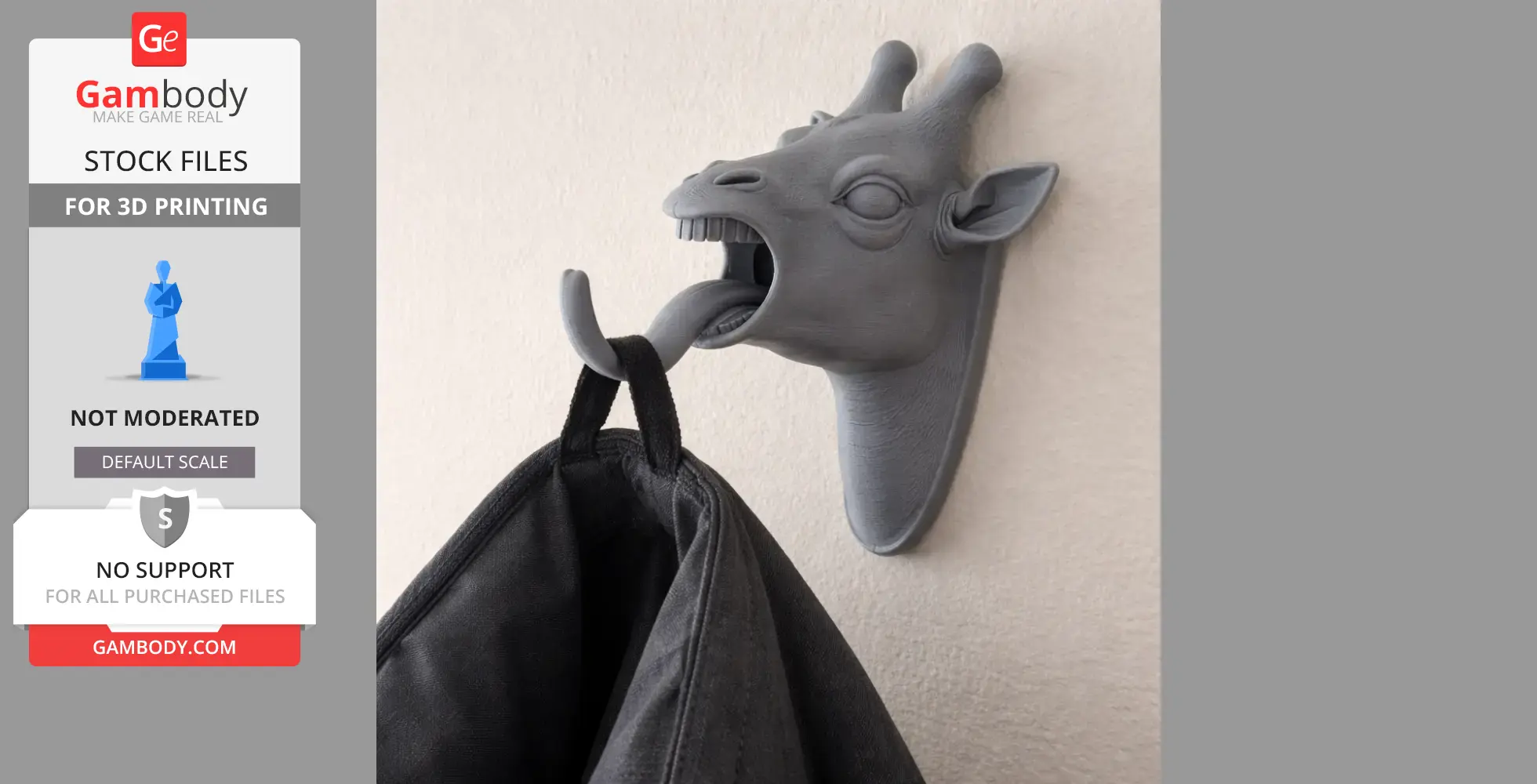 Giraffe head wall hook holding a coat, designed for 3D printing as a decorative key or coat holder.