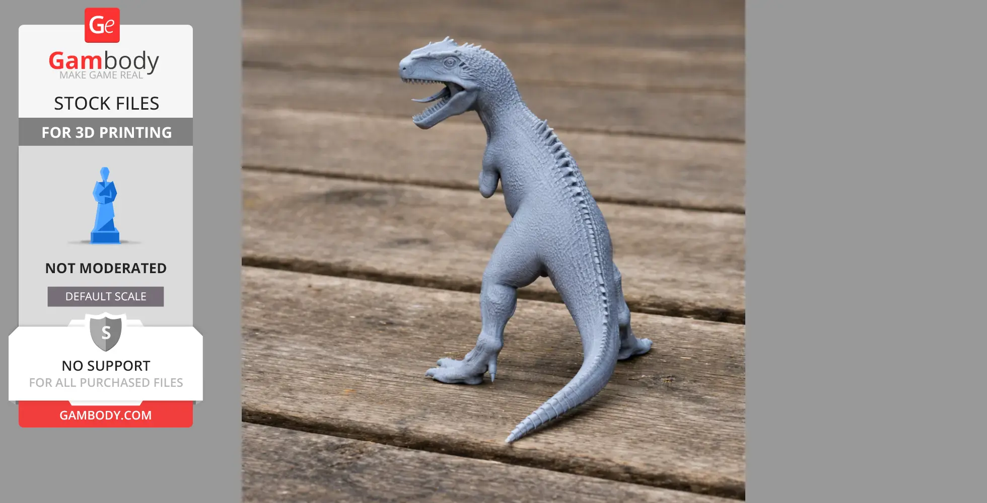 Gray 3D printed Giganotosaurus model standing on wooden surface.