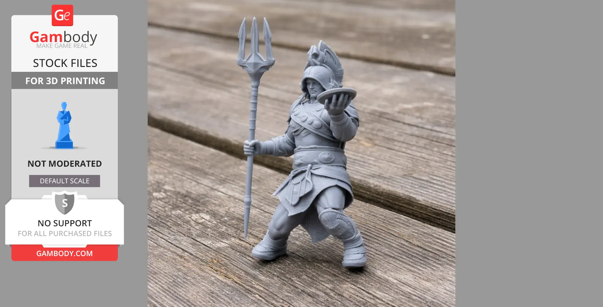 A detailed gladiator figurine in armor, holding a trident and a shield, posed on a wooden surface.