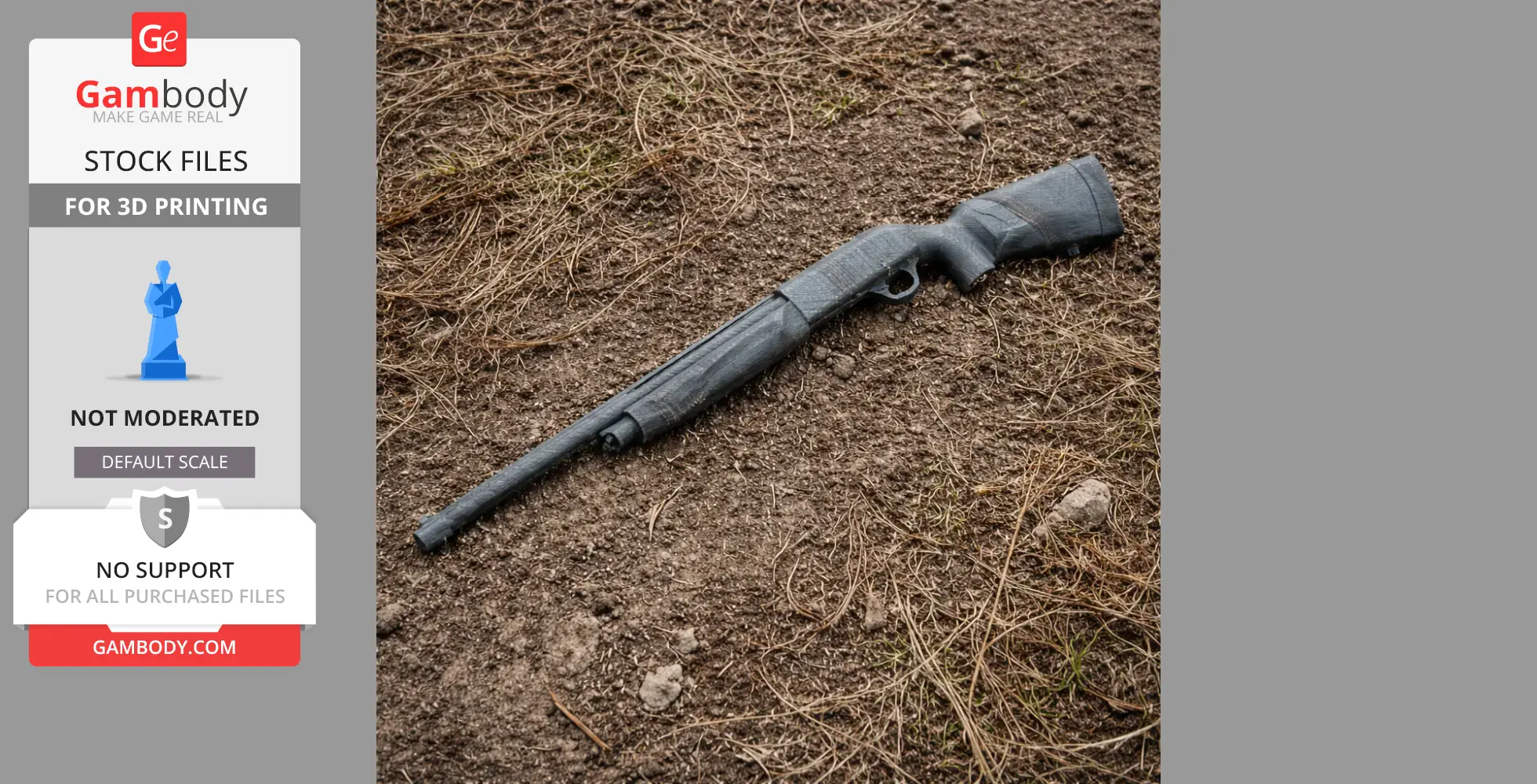 3D-printed Beretta A300 Ultima shotgun model displayed on a patch of dry grass and soil.