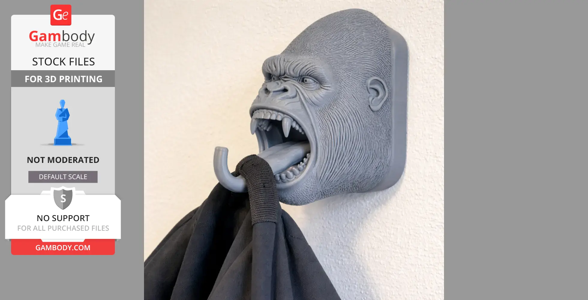 A 3D-printed gorilla head wall hook holds a coat, with detailed fur and features.