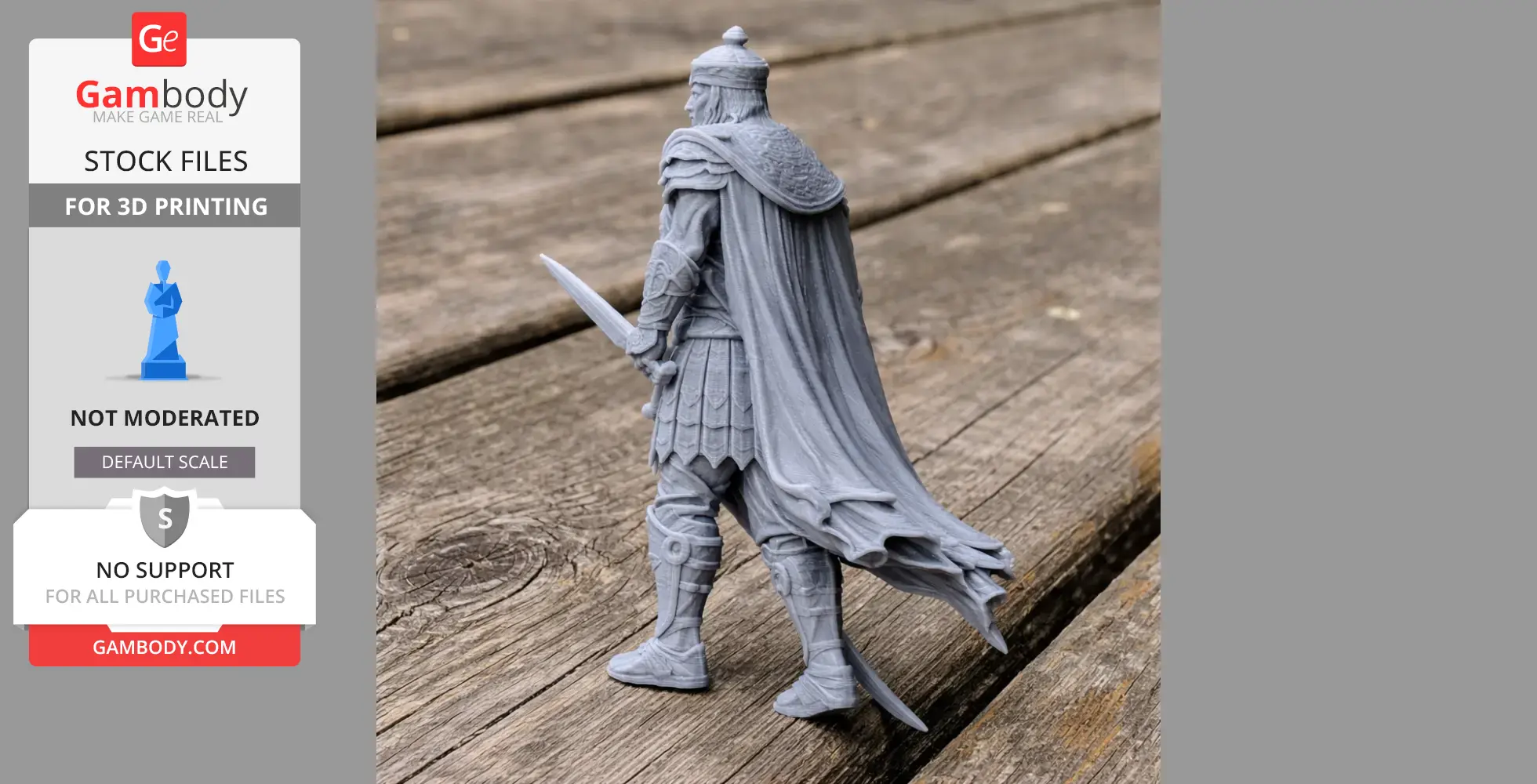 A detailed 3D model of an ancient warrior in armor and cape, holding a sword.