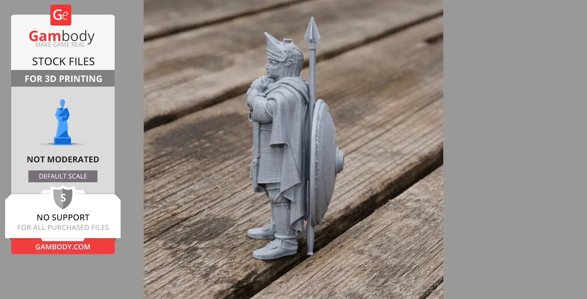 3D-printed Roman legionary figure with shield and spear on wooden surface.