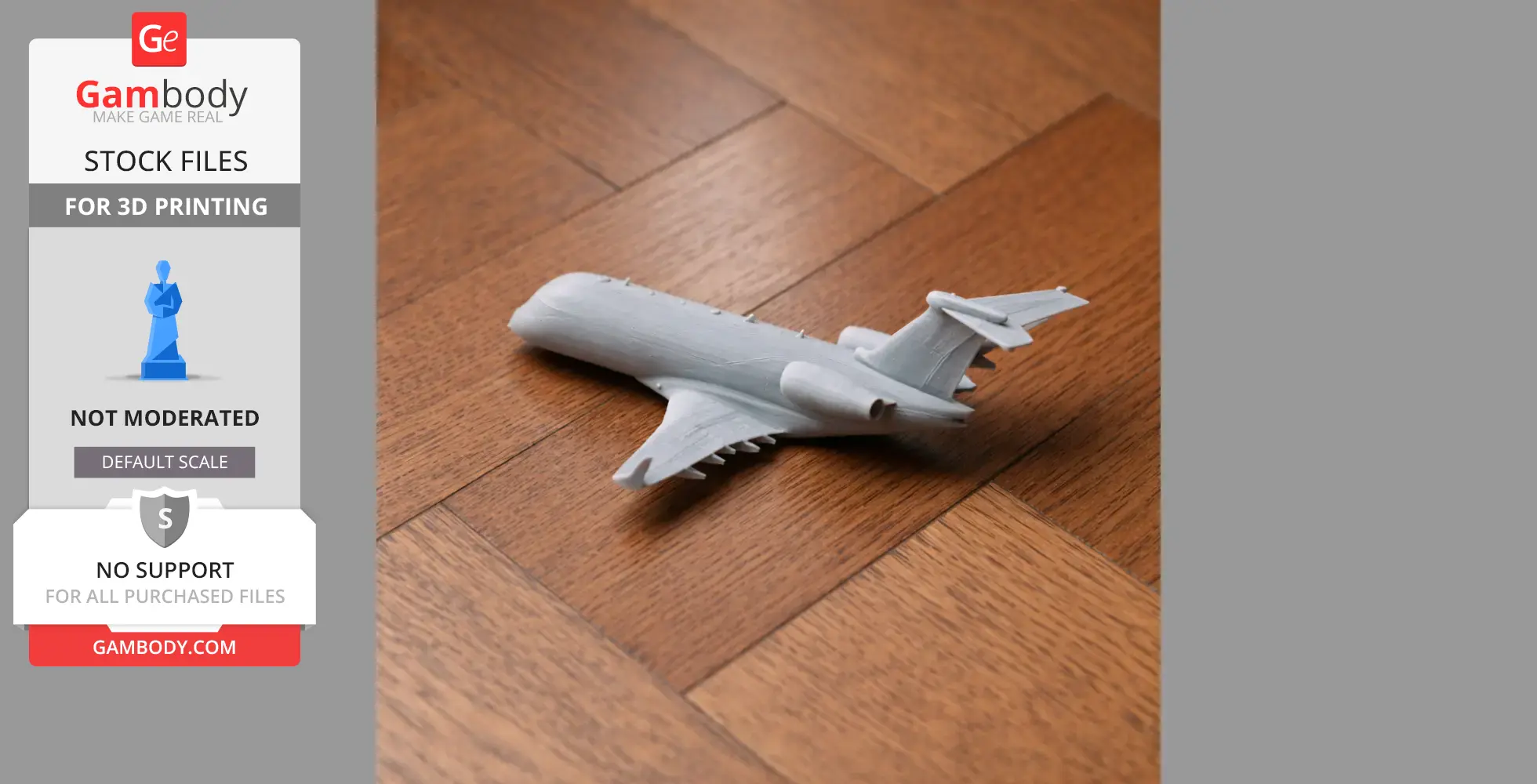 3D printed model of an Embraer Legacy plane on a wooden floor background.