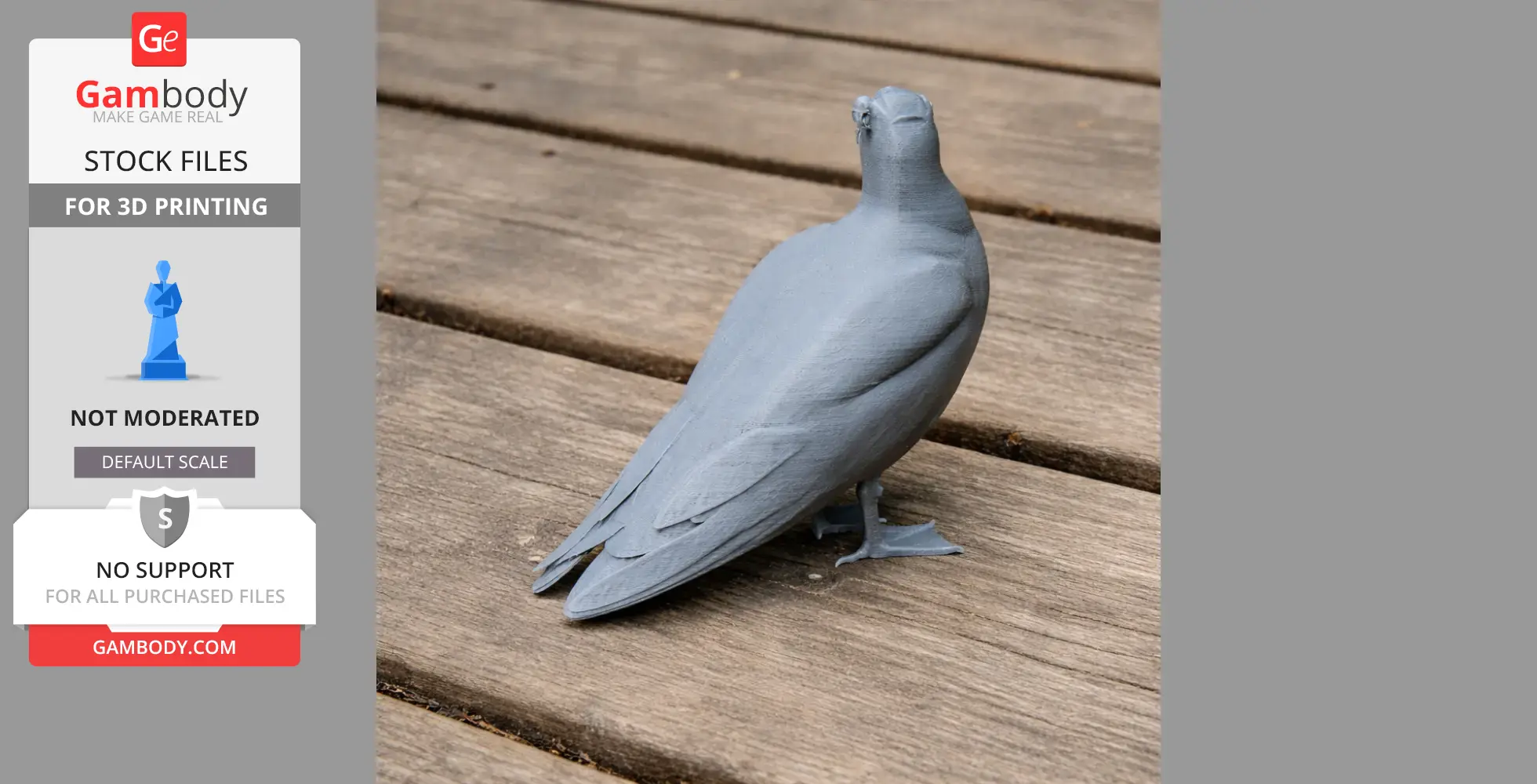 3D printed gray gull model on wooden planks, facing upward.