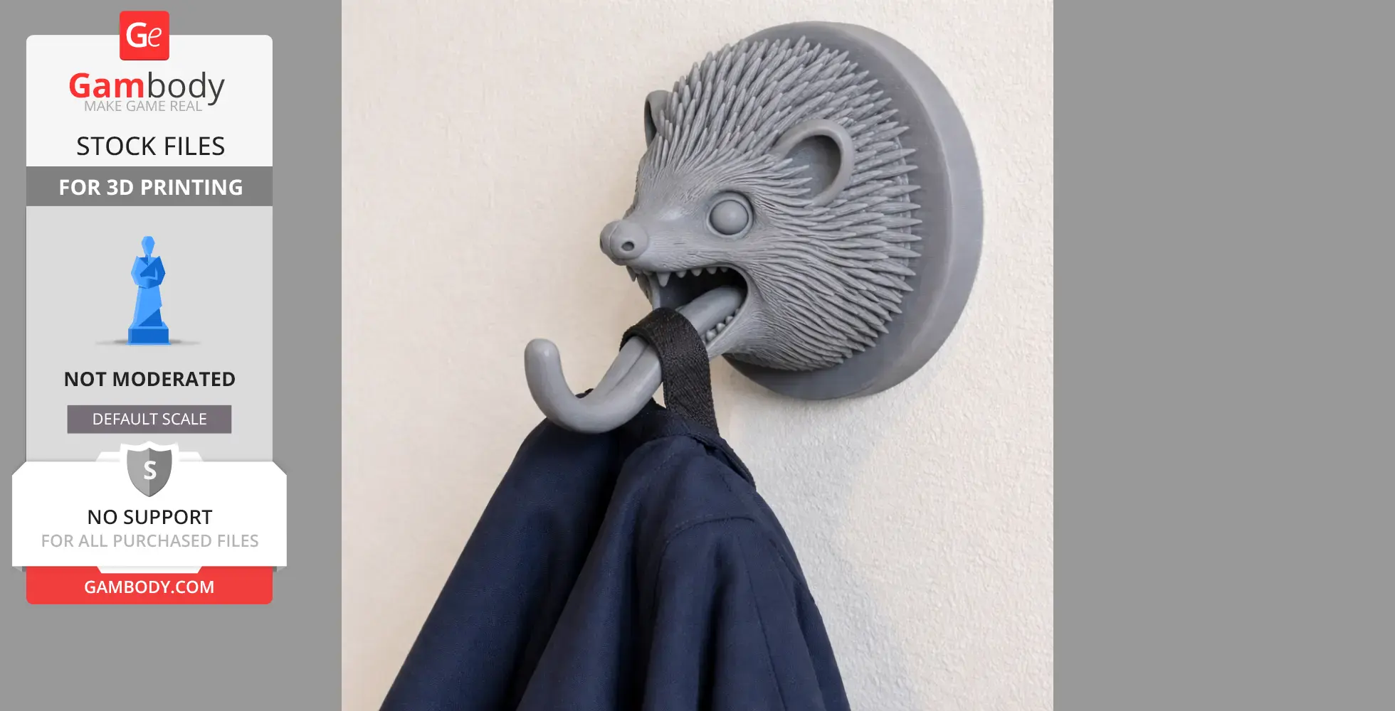 Hedgehog-shaped wall hook for coats and keys, 3D printed in gray, mounted on a wall.