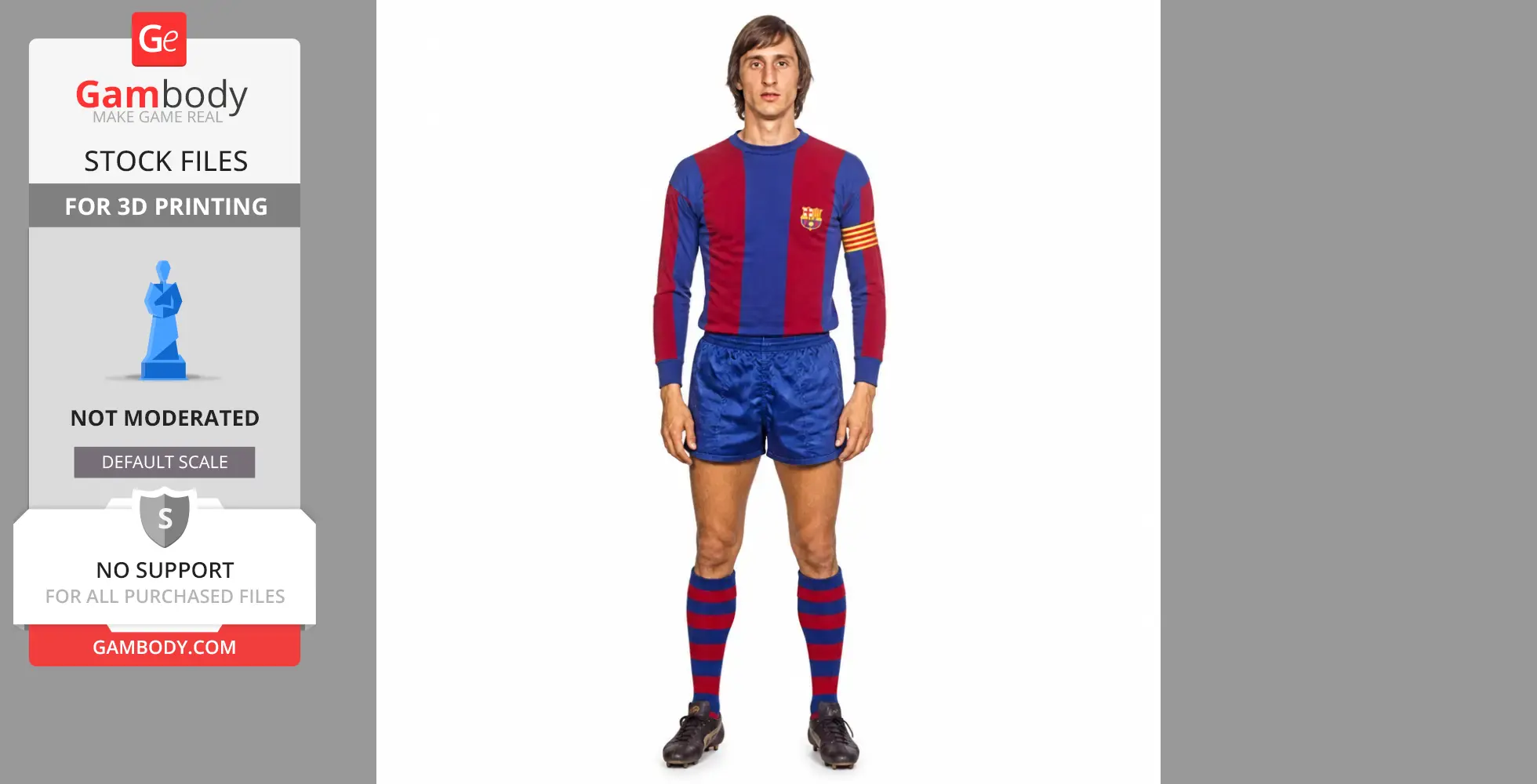 3D printable figurine of a soccer player in a blue and red uniform with an armband.