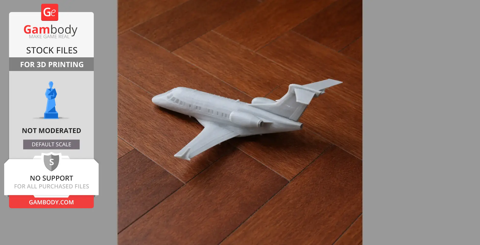 A 3D-printed model of an Embraer Phenom plane on a wooden floor.