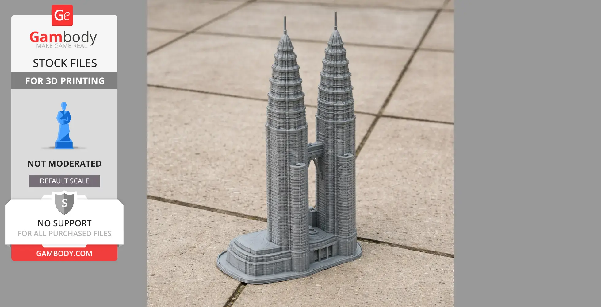 3D printed model of the Petronas Towers on a tiled surface.