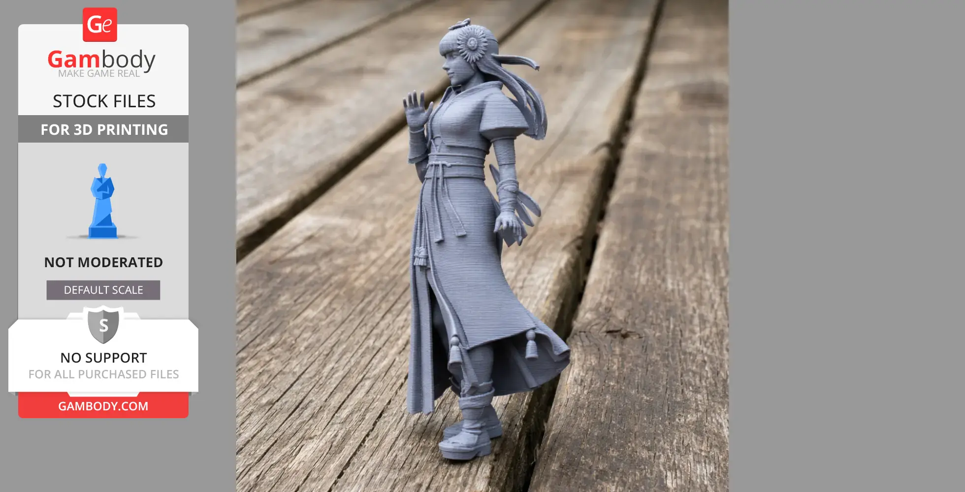 3D printed samurai figure with detailed armor and flowing robe on a wooden surface.