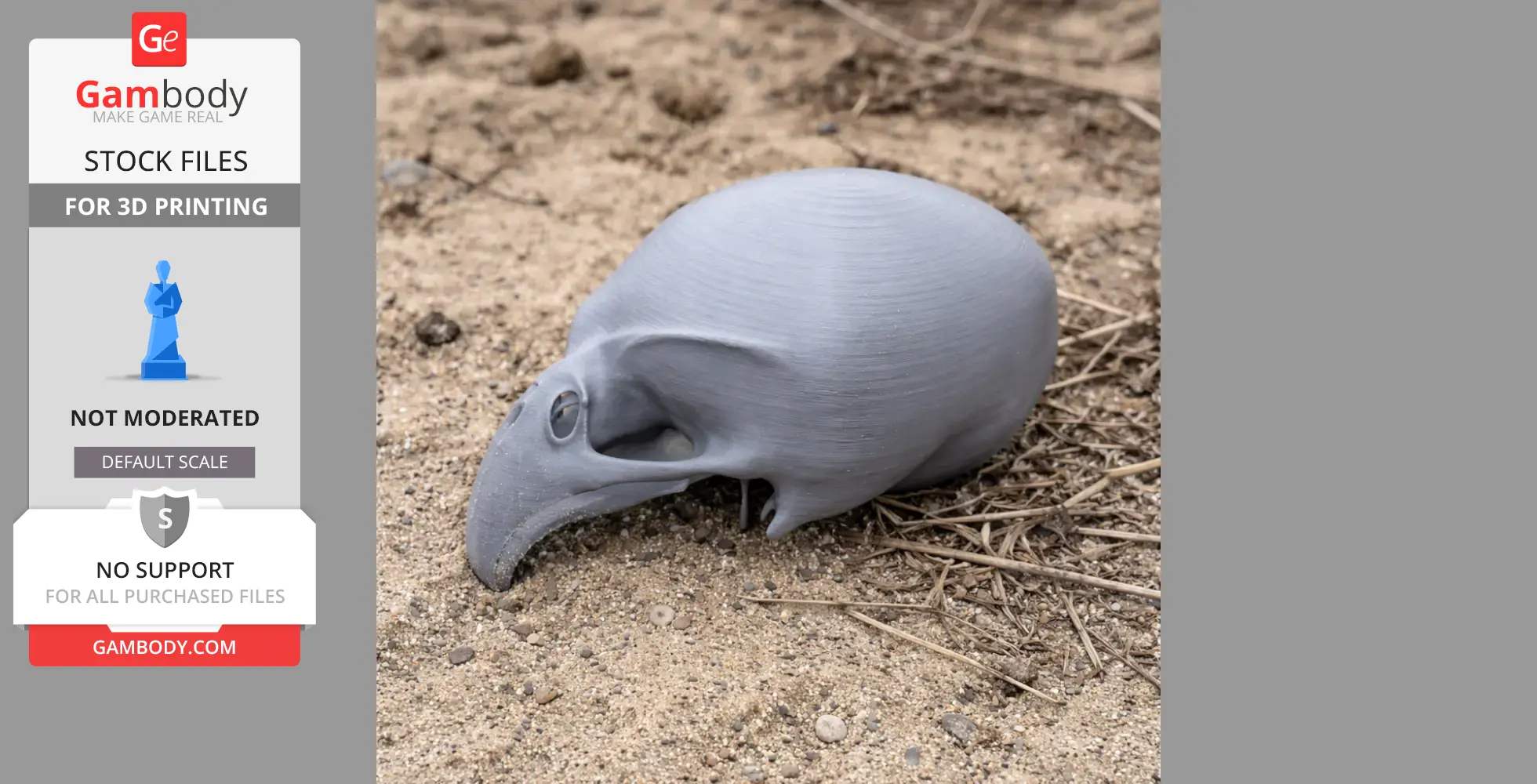 3D-printed Birkenia skull model placed on sandy ground.