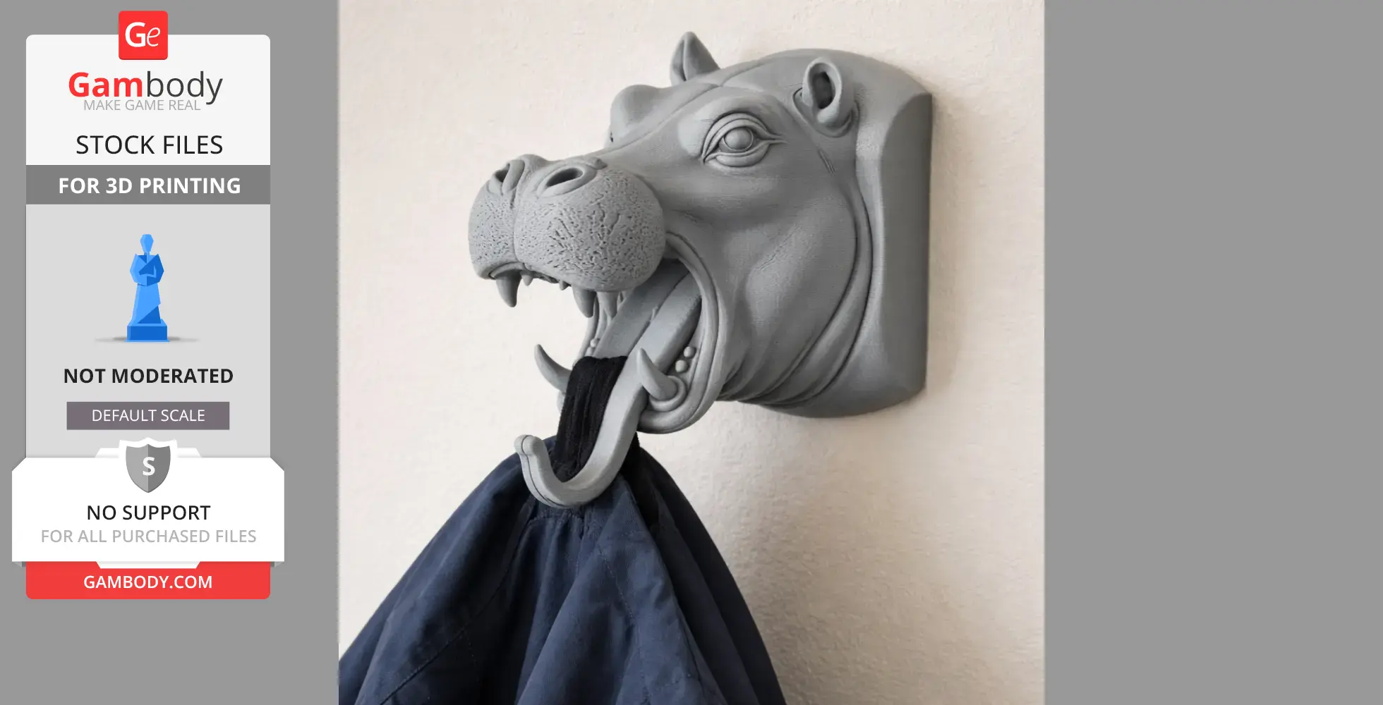 A 3D-printed hippo head wall hook holding a coat.
