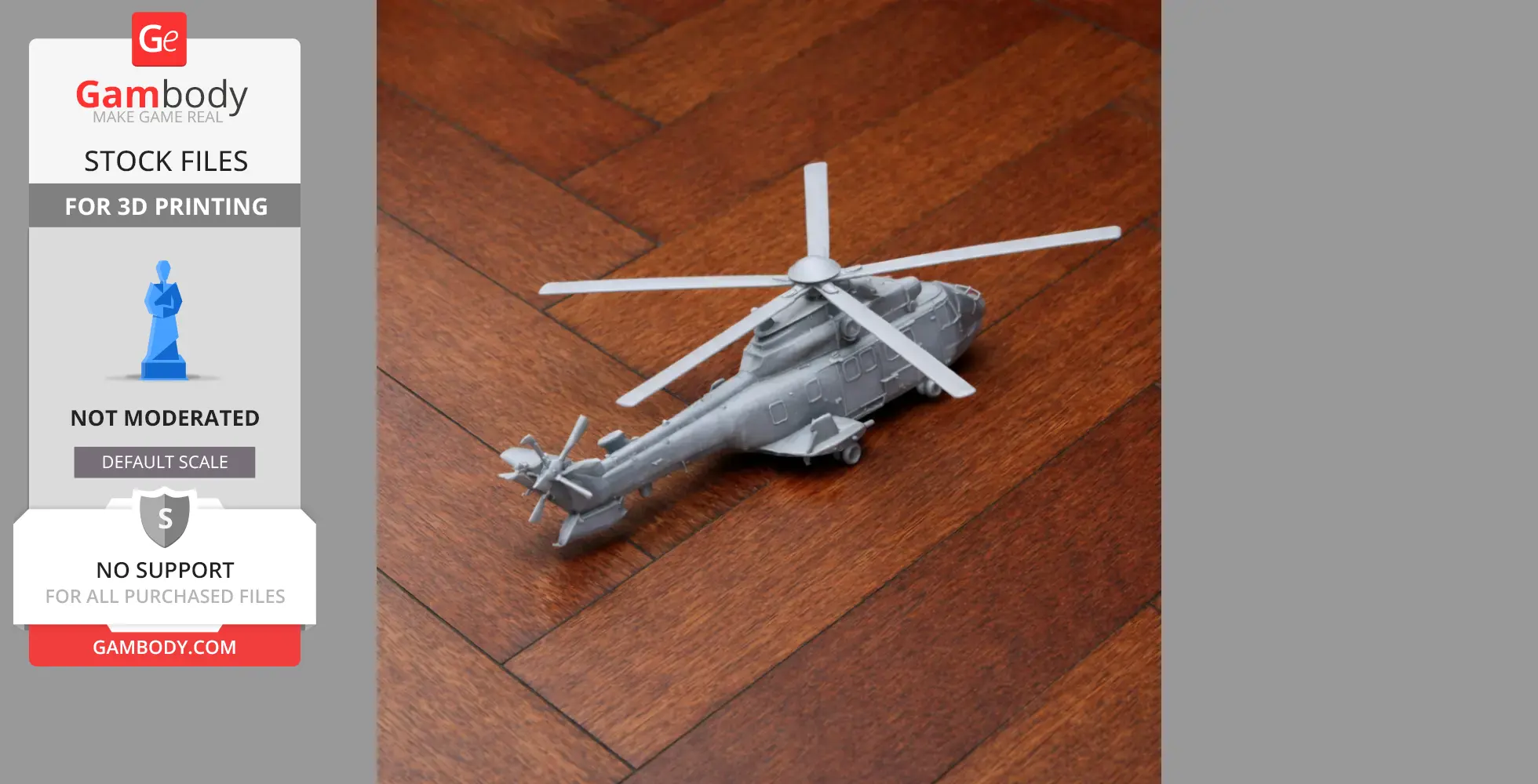 Gray 3D-printed model of a Eurocopter AS332 helicopter on a wooden floor.