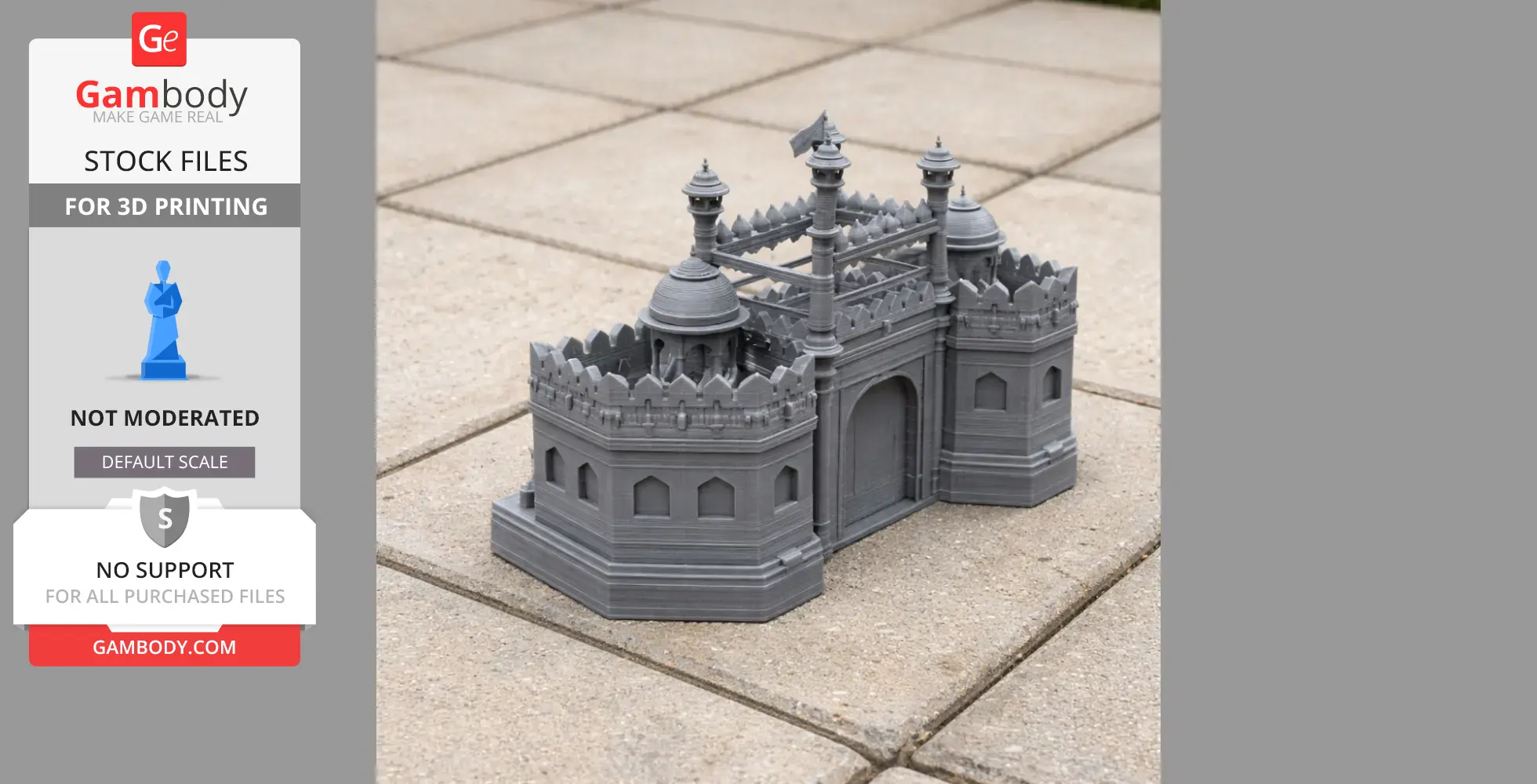 Gray 3D-printed model of the Red Fort with detailed architecture on a tiled surface.