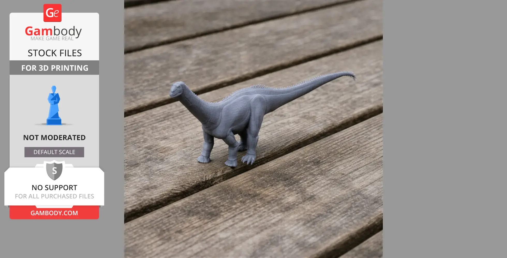 Gray 3D printed Haplocanthosaurus model on a wooden surface.