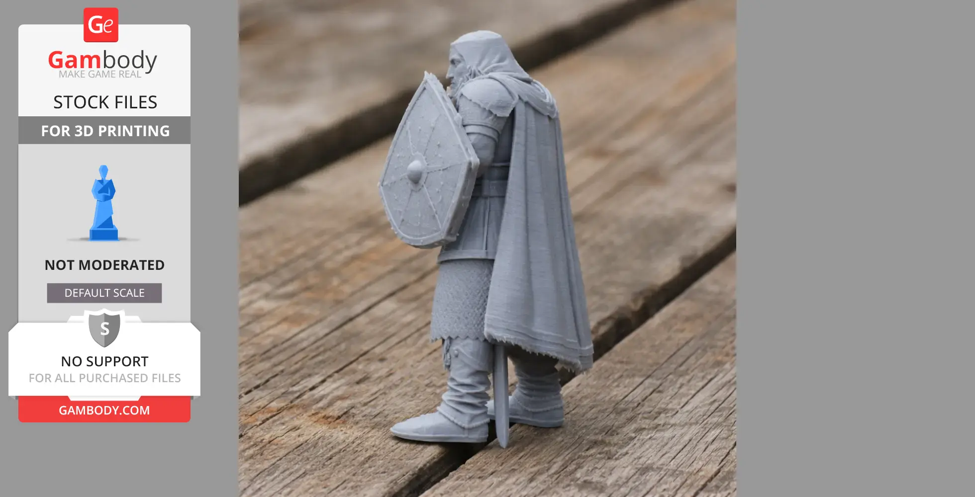 A 3D-printed knight model in armor with a shield and cape, standing on a wooden surface.