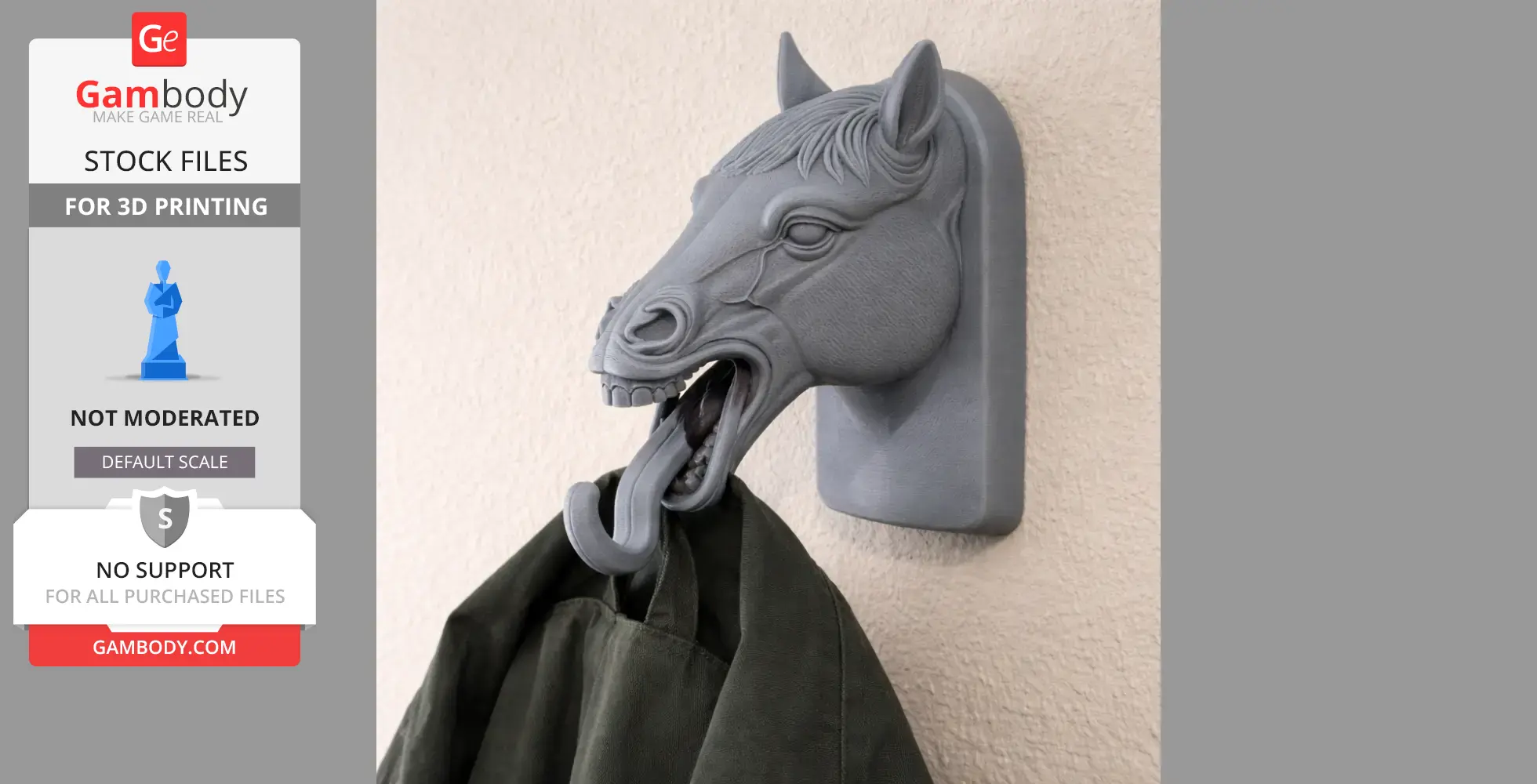 A 3D-printed horse head wall hook holding a coat, designed for coats and keys.