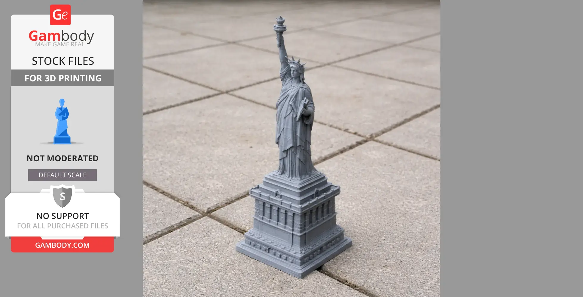 3D-printed model of the Statue of Liberty on a tile surface, available for printing from Gambody.