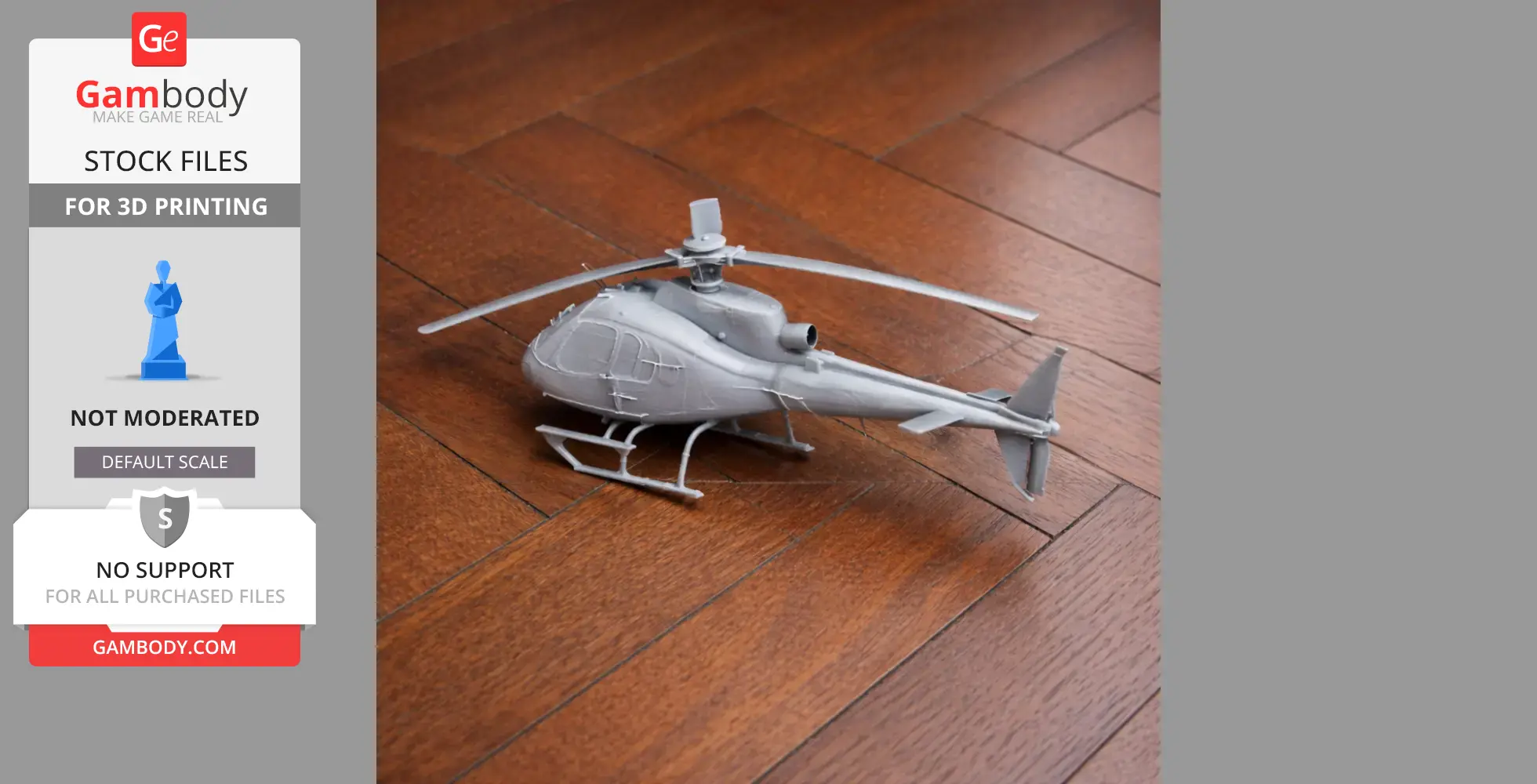 A 3D-printed Eurocopter AS350 model on a wooden floor.