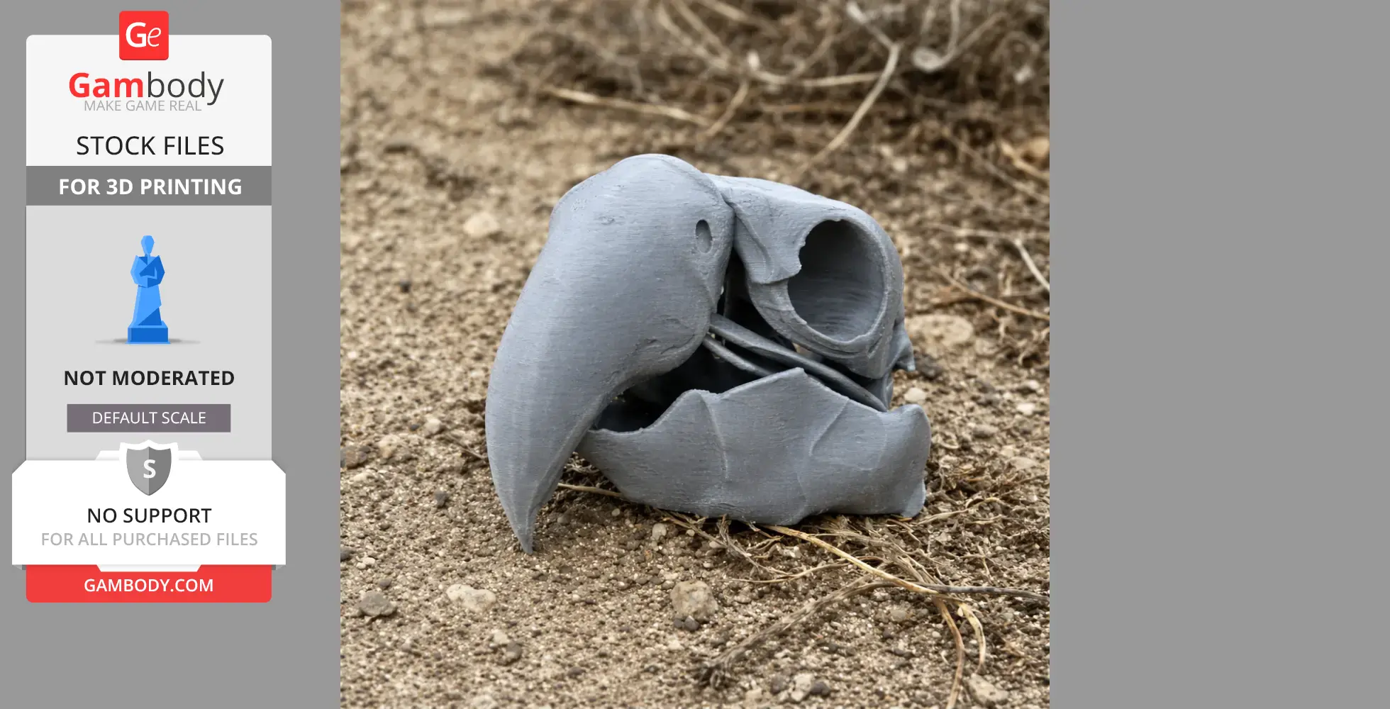 3D printed Black Palm Cockatoo skull resting on soil, showcasing intricate details.