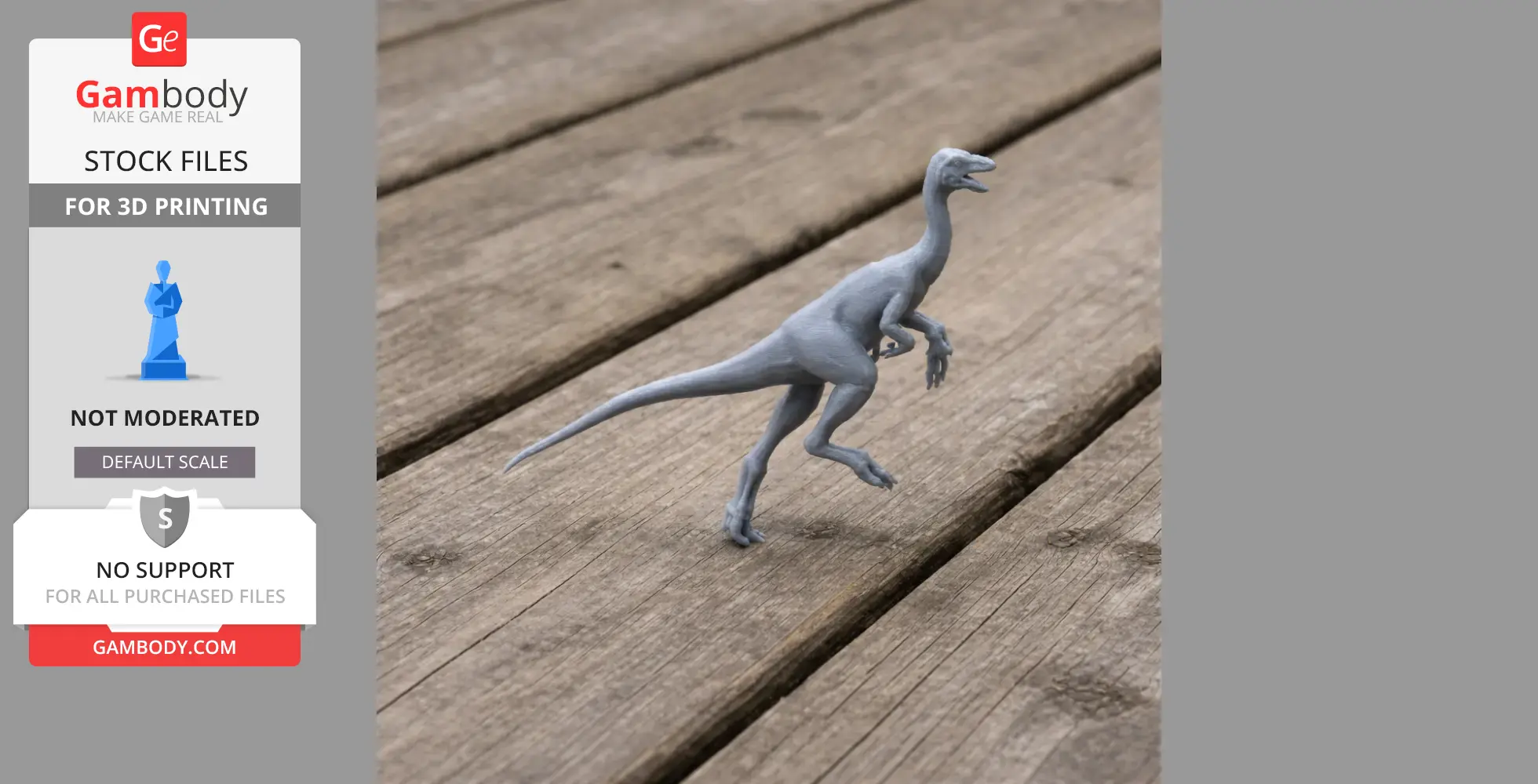 Gray Harpymimus 3D-printed model stands on wooden surface.