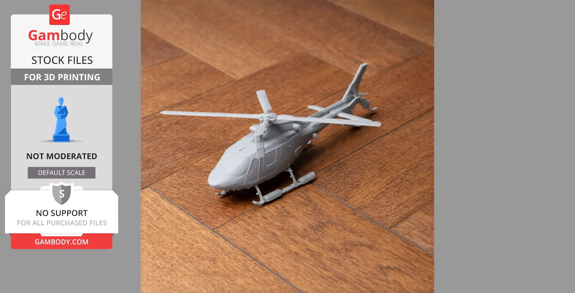 Gray 3D printed model of a Eurocopter AS365 helicopter on a wooden surface.