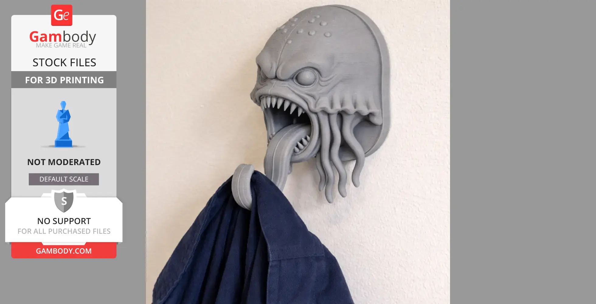 A jellyfish-style head wall hanger with open mouth holds a coat on a wall.