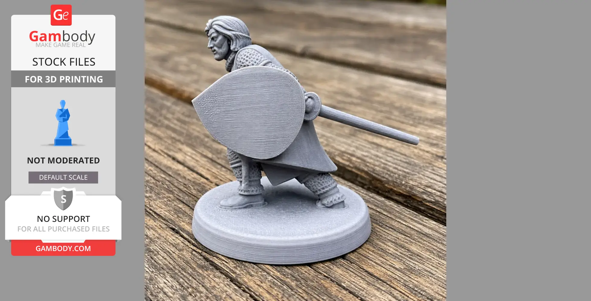 A 3D-printed knight model with shield and sword, in a dynamic pose on a wooden surface.