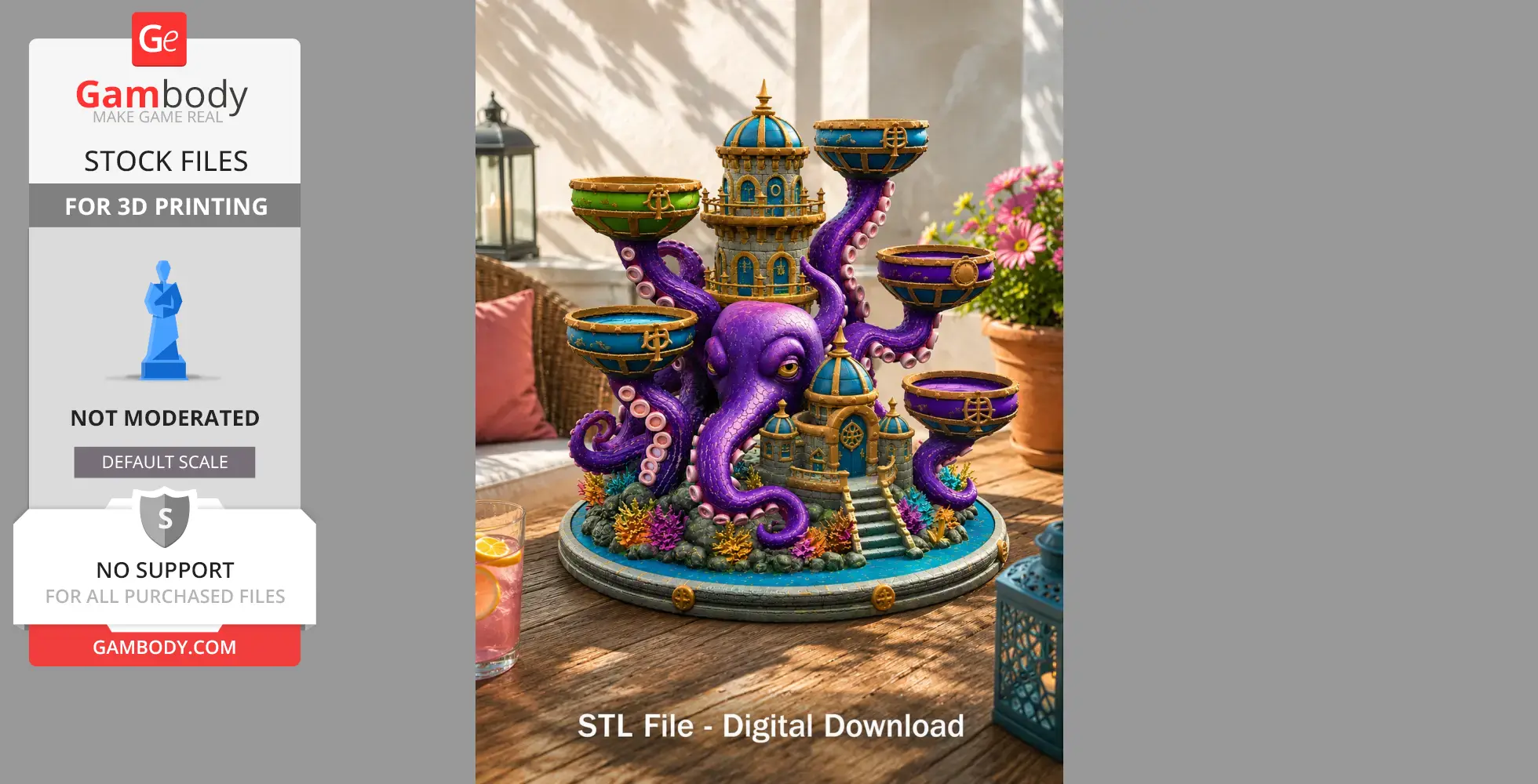 A decorative organizer featuring a purple octopus with vibrant bowls and a fantasy citadel on its back.