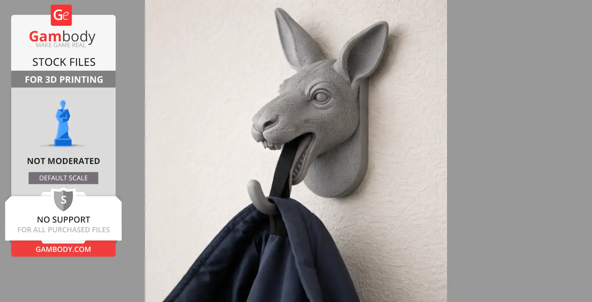 Kangaroo head wall hanger with a hook, holding a coat, ready for 3D printing.
