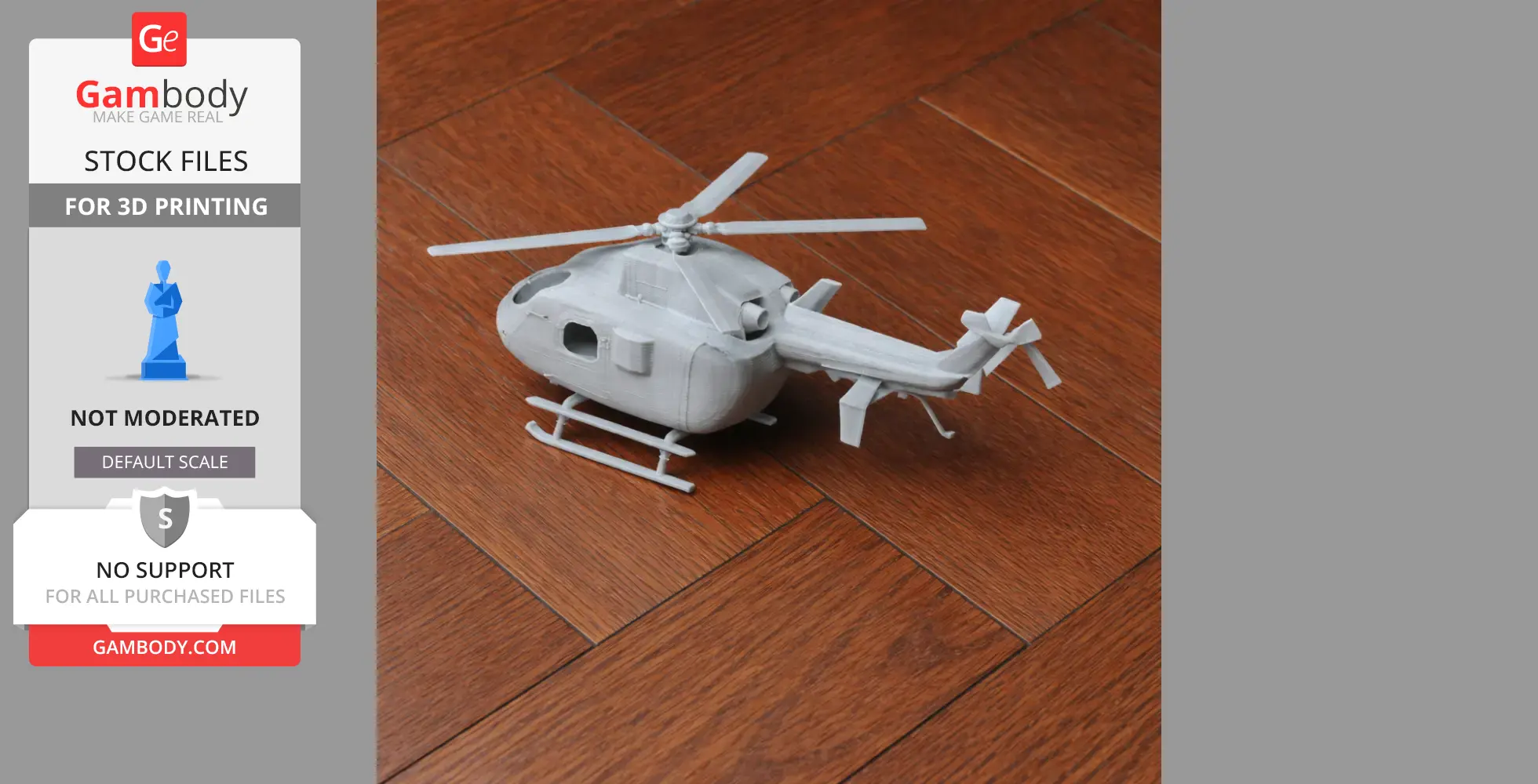 Gray 3D-printed Eurocopter EC145 helicopter model on wooden floor.