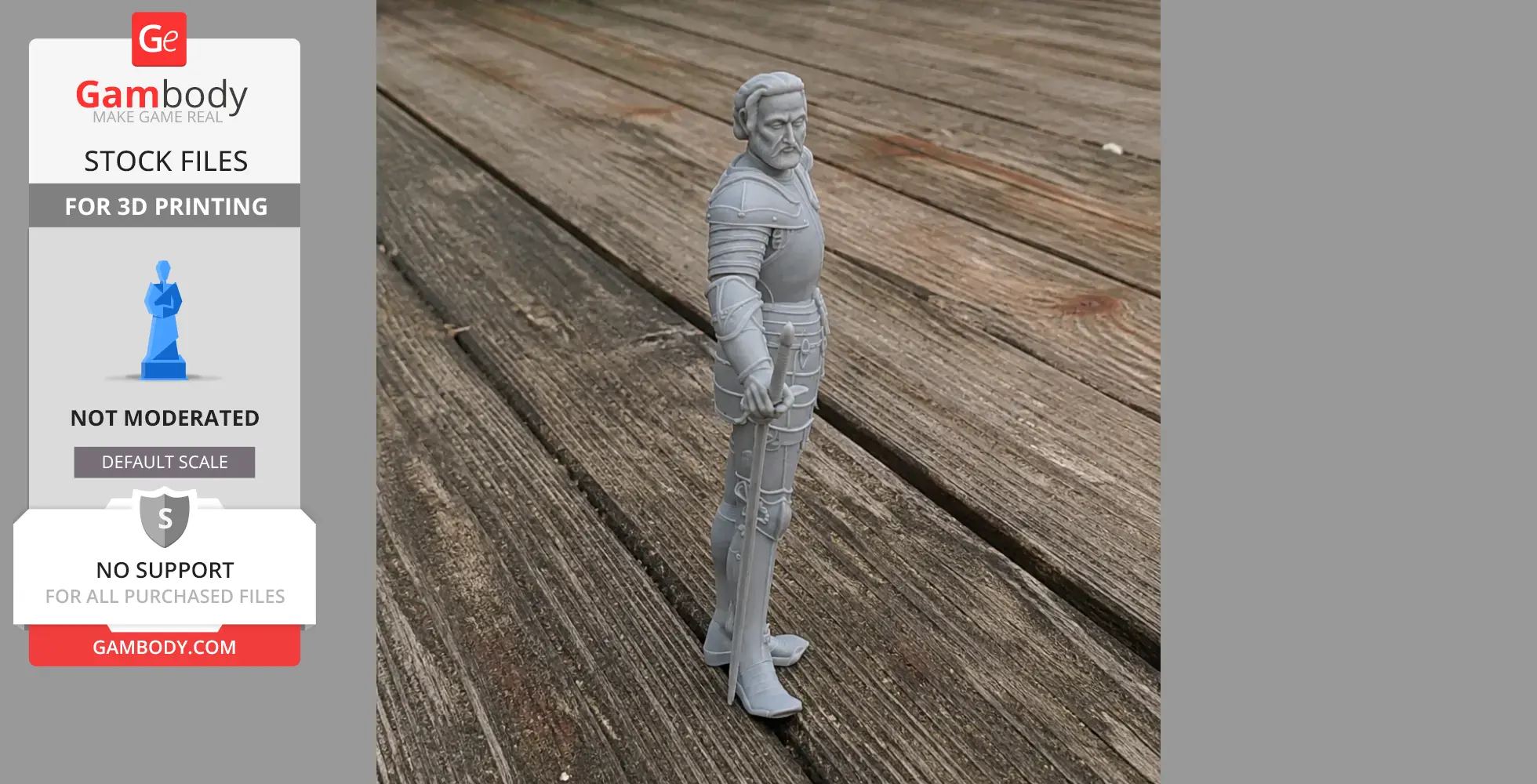 A gray 3D-printed knight figurine holding a sword, standing on a wooden surface.