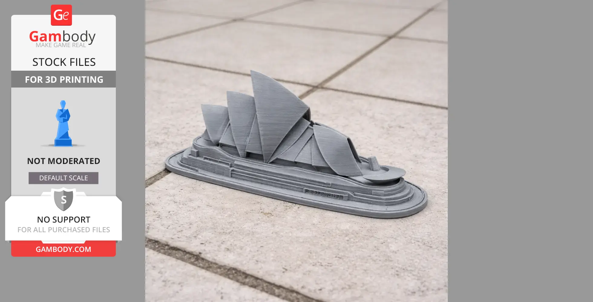 3D printed model of the Sydney Opera House on a tiled surface.