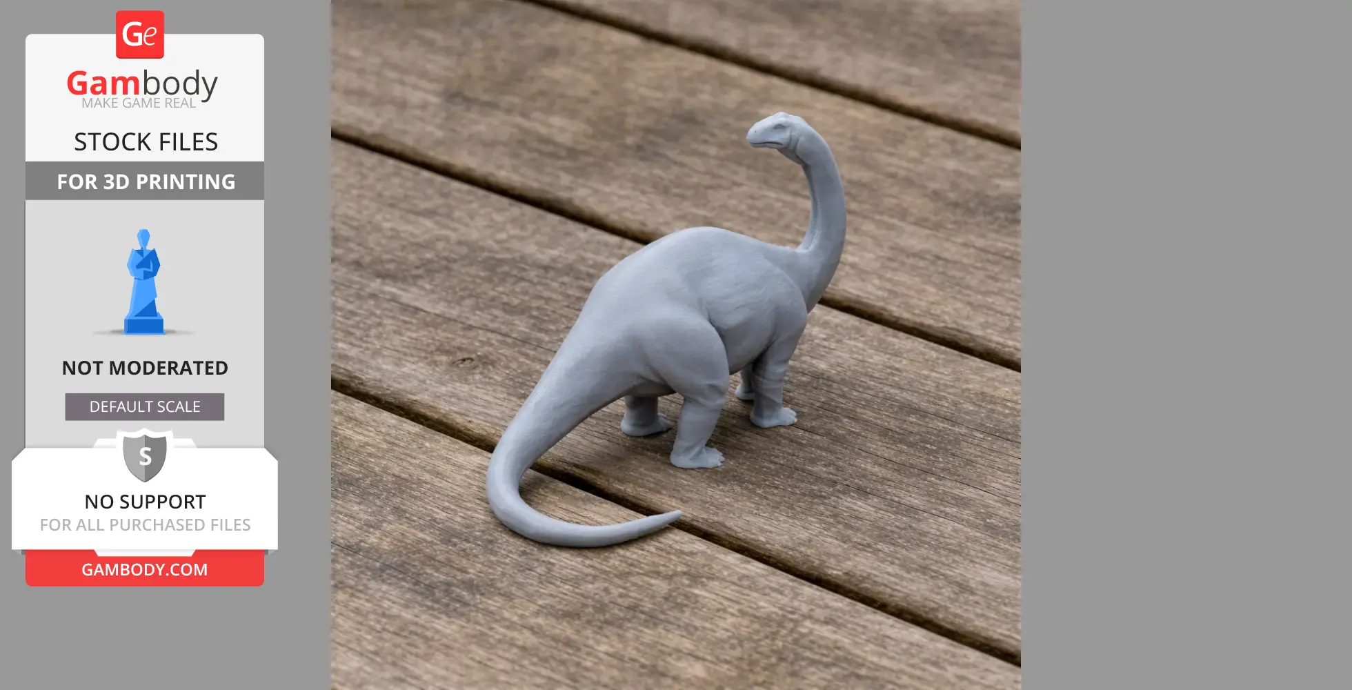 A small, gray 3D-printed sauropod dinosaur model on a wooden surface, showcasing its long neck and tail.