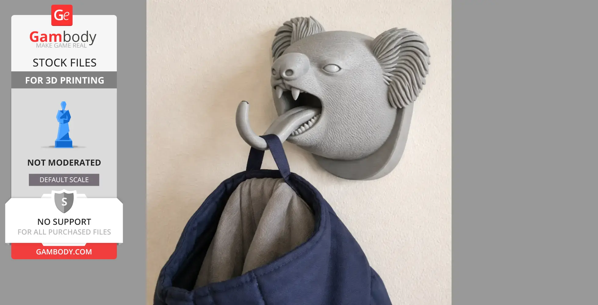 A koala head wall mount with a hook, used as a coat and key holder.